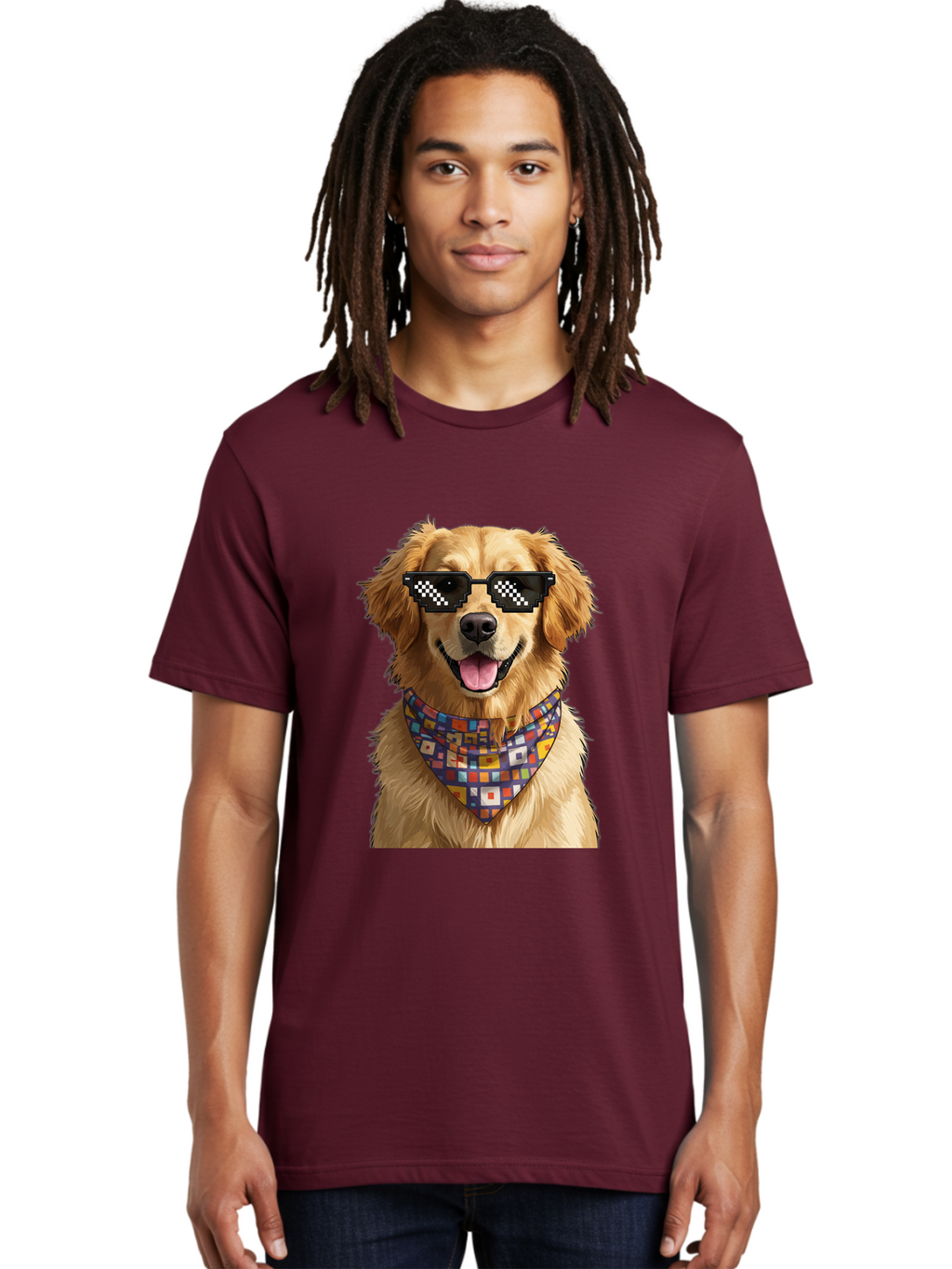 Golden-Retriever-6 Men'S Graphic Tee, 100% Cotton, Comfortable Casual Summer Wear, Machine Washable, Happy Golden Retriever, Cool Dog, Sunglasses, Checkered Pattern, Bandana, Colorful, Fun, Playful, Cute, Furry Friend, Dog Lover, Bab980