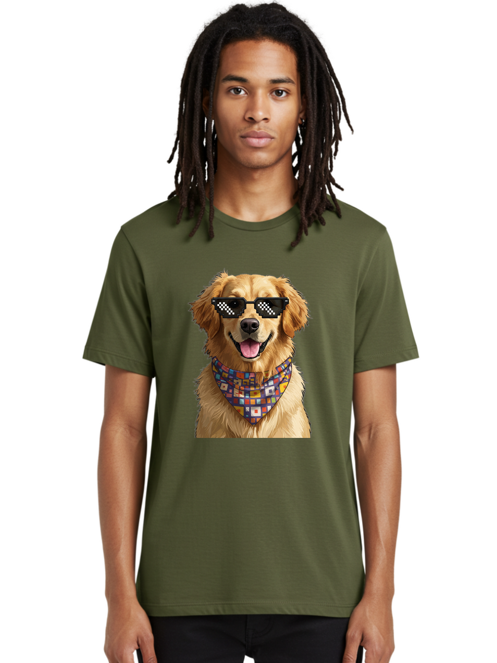 Golden-Retriever-6 Men'S Graphic Tee, 100% Cotton, Comfortable Casual Summer Wear, Machine Washable, Happy Golden Retriever, Cool Dog, Sunglasses, Checkered Pattern, Bandana, Colorful, Fun, Playful, Cute, Furry Friend, Dog Lover, Bab980