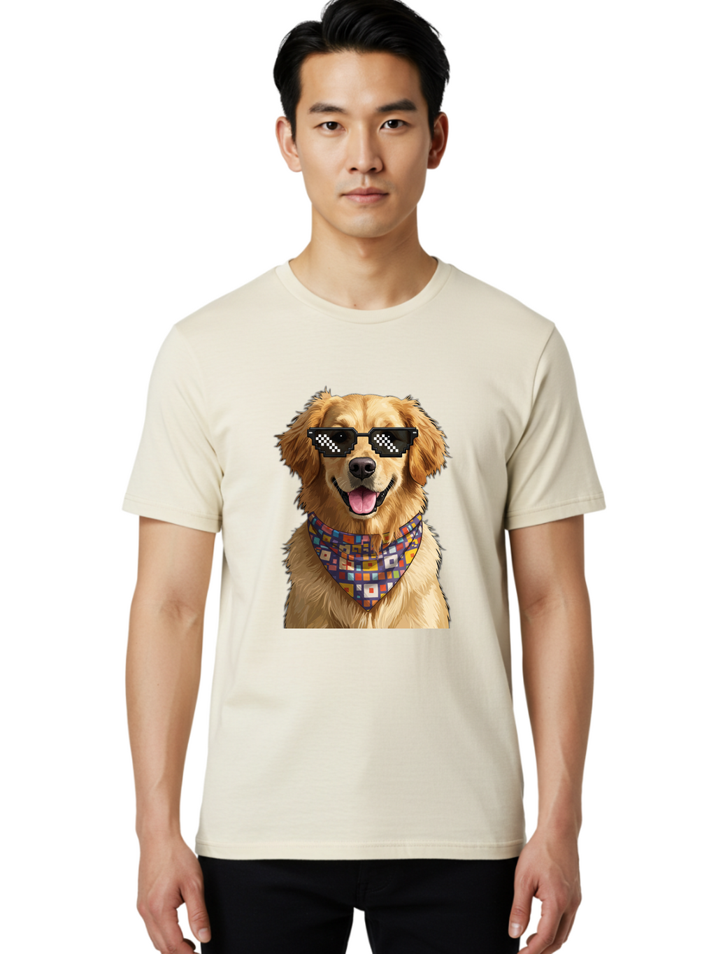 Golden-Retriever-6 Men'S Graphic Tee, 100% Cotton, Comfortable Casual Summer Wear, Machine Washable, Happy Golden Retriever, Cool Dog, Sunglasses, Checkered Pattern, Bandana, Colorful, Fun, Playful, Cute, Furry Friend, Dog Lover, Bab980