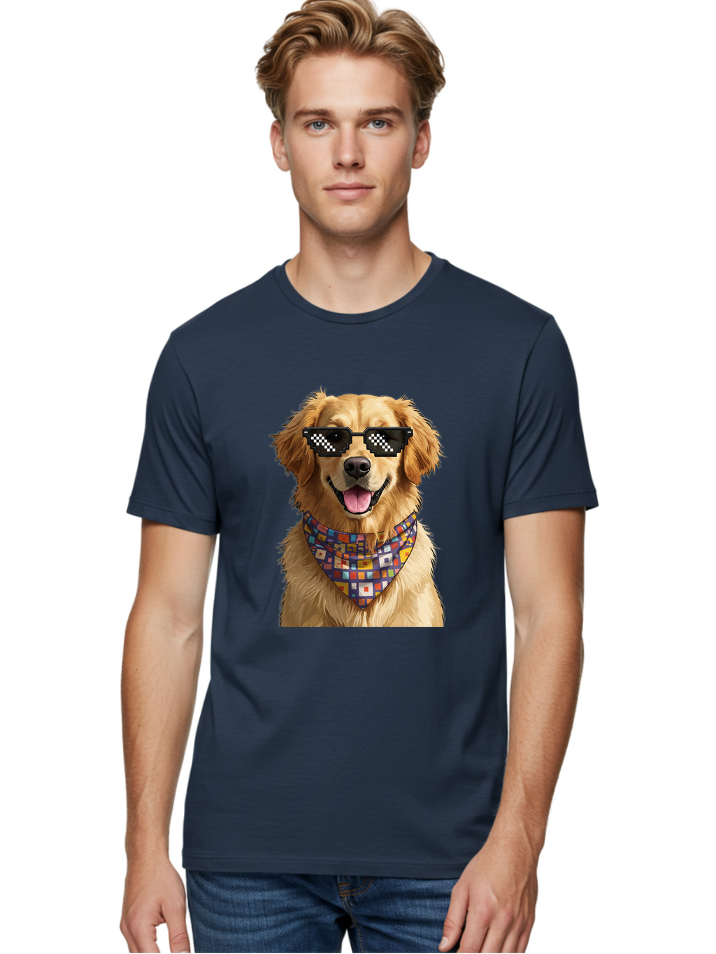 Golden-Retriever-6 Men'S Graphic Tee, 100% Cotton, Comfortable Casual Summer Wear, Machine Washable, Happy Golden Retriever, Cool Dog, Sunglasses, Checkered Pattern, Bandana, Colorful, Fun, Playful, Cute, Furry Friend, Dog Lover, Bab980