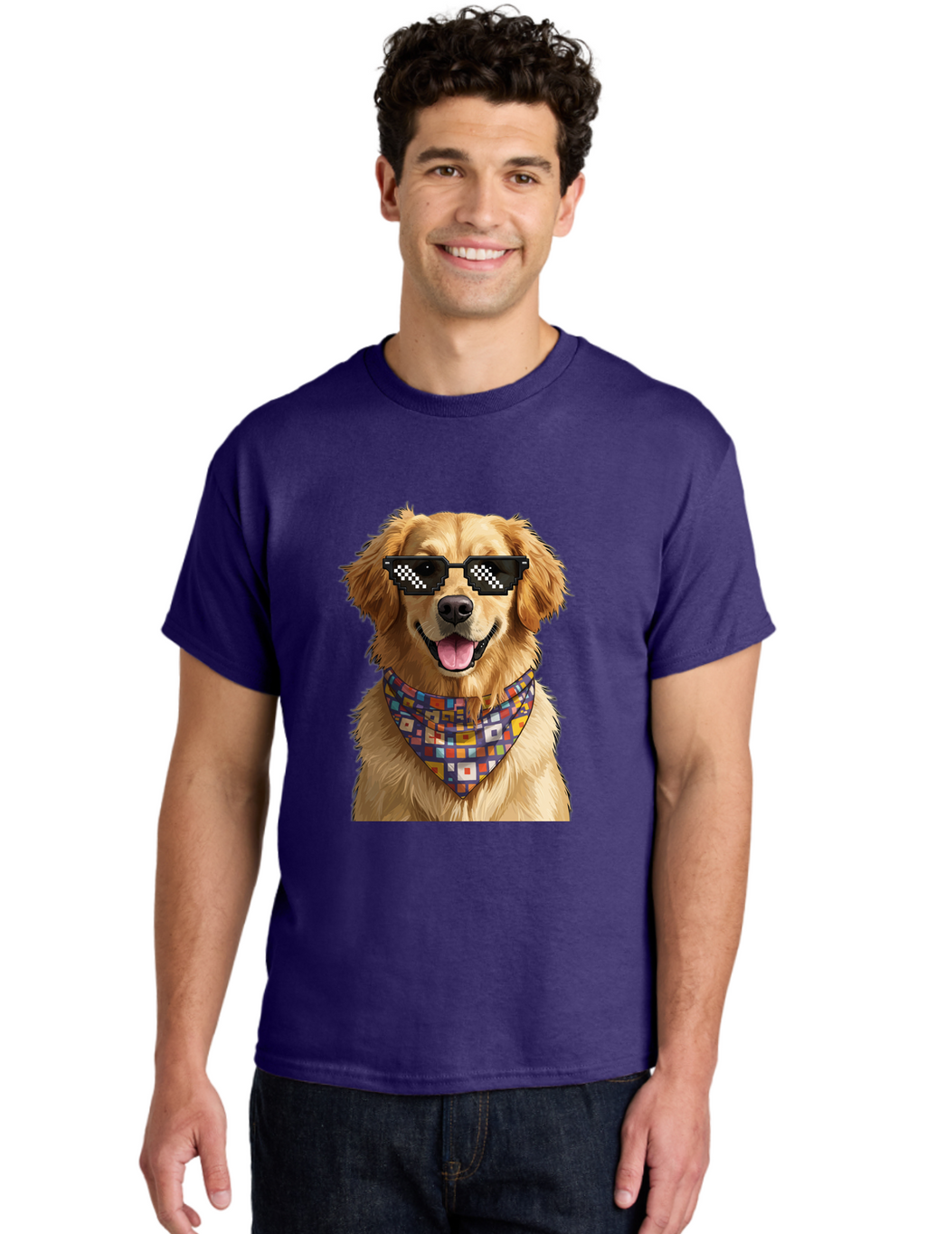Golden-Retriever-6 Men'S Graphic Tee, 100% Cotton, Comfortable Casual Summer Wear, Machine Washable, Happy Golden Retriever, Cool Dog, Sunglasses, Checkered Pattern, Bandana, Colorful, Fun, Playful, Cute, Furry Friend, Dog Lover, Bab980