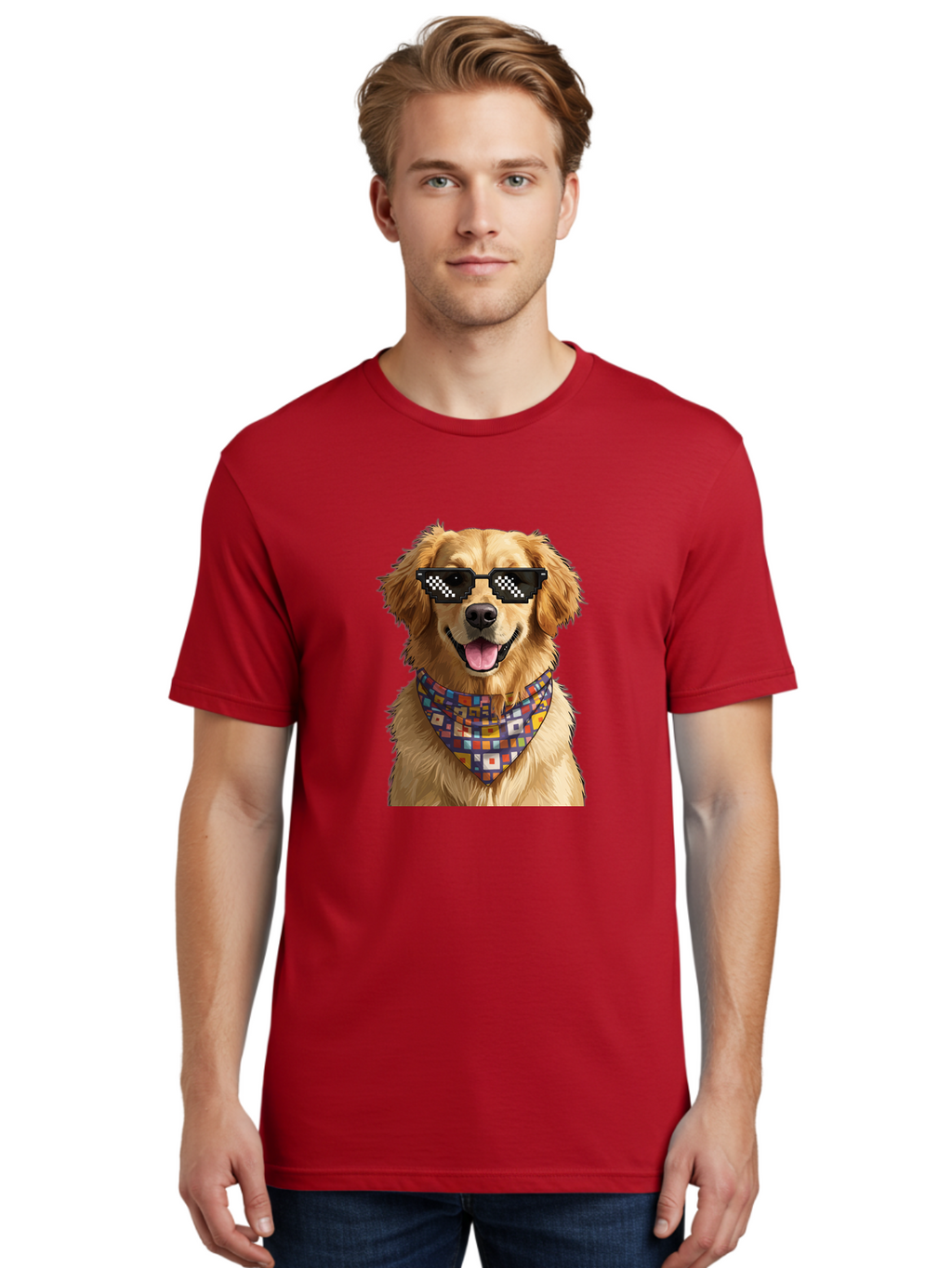 Golden-Retriever-6 Men'S Graphic Tee, 100% Cotton, Comfortable Casual Summer Wear, Machine Washable, Happy Golden Retriever, Cool Dog, Sunglasses, Checkered Pattern, Bandana, Colorful, Fun, Playful, Cute, Furry Friend, Dog Lover, Bab980