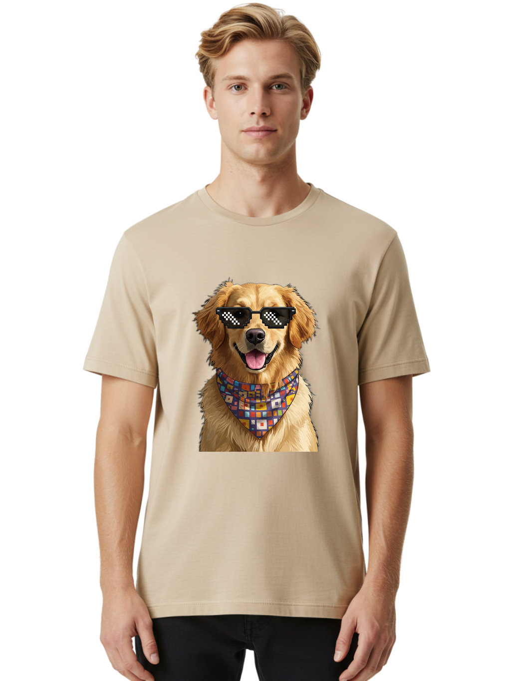 Golden-Retriever-6 Men'S Graphic Tee, 100% Cotton, Comfortable Casual Summer Wear, Machine Washable, Happy Golden Retriever, Cool Dog, Sunglasses, Checkered Pattern, Bandana, Colorful, Fun, Playful, Cute, Furry Friend, Dog Lover, Bab980