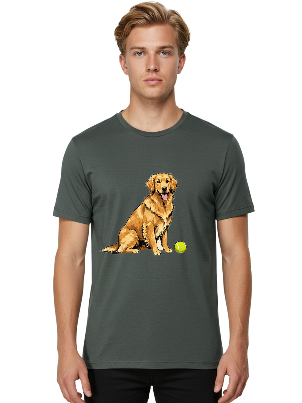 Golden-Retriever-7 Men'S Graphic Tee, 100% Cotton, Comfortable Casual Summer Wear, Machine Washable, Golden Retriever Dog, Tennis Ball, Sitting Dog, Happy Dog, Dog Sports, Canine Companion, Furry Friend, Playful Mood, Dog Illustration, Bab981