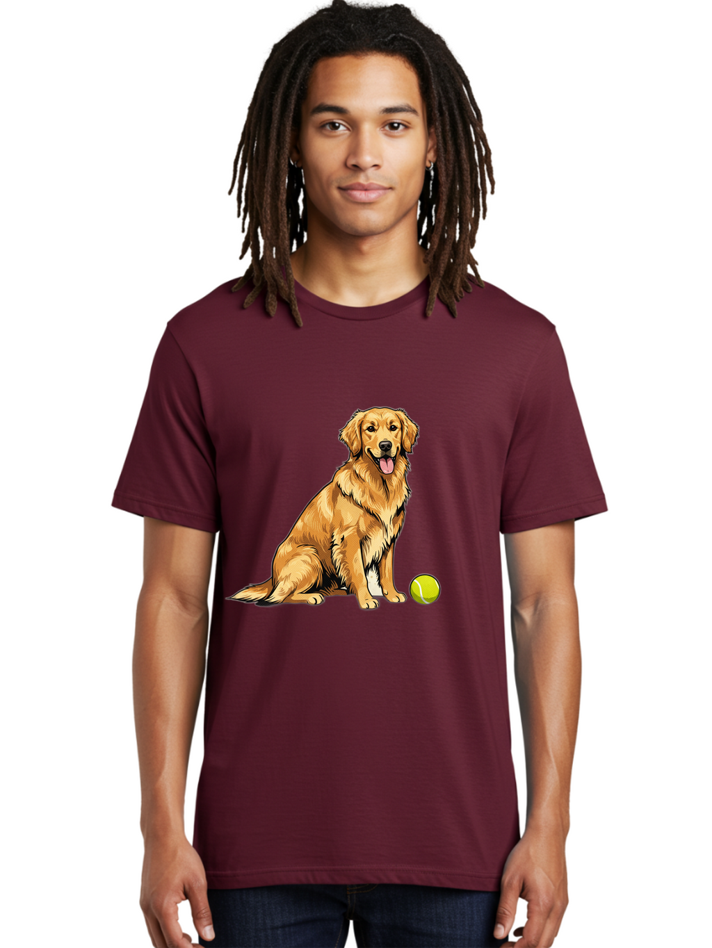Golden-Retriever-7 Men'S Graphic Tee, 100% Cotton, Comfortable Casual Summer Wear, Machine Washable, Golden Retriever Dog, Tennis Ball, Sitting Dog, Happy Dog, Dog Sports, Canine Companion, Furry Friend, Playful Mood, Dog Illustration, Bab981