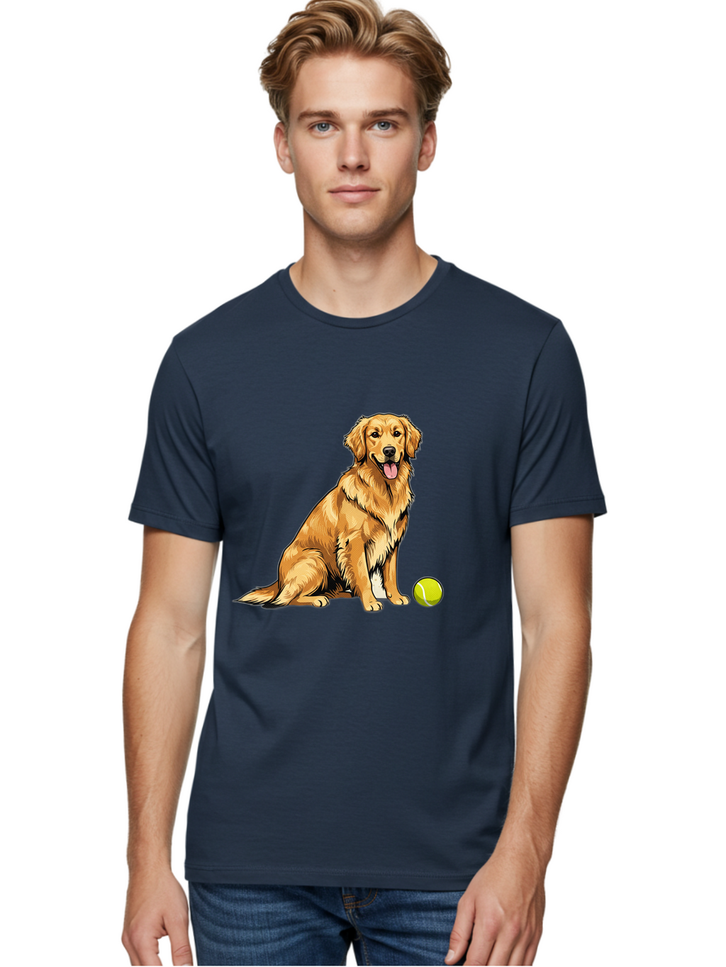 Golden-Retriever-7 Men'S Graphic Tee, 100% Cotton, Comfortable Casual Summer Wear, Machine Washable, Golden Retriever Dog, Tennis Ball, Sitting Dog, Happy Dog, Dog Sports, Canine Companion, Furry Friend, Playful Mood, Dog Illustration, Bab981
