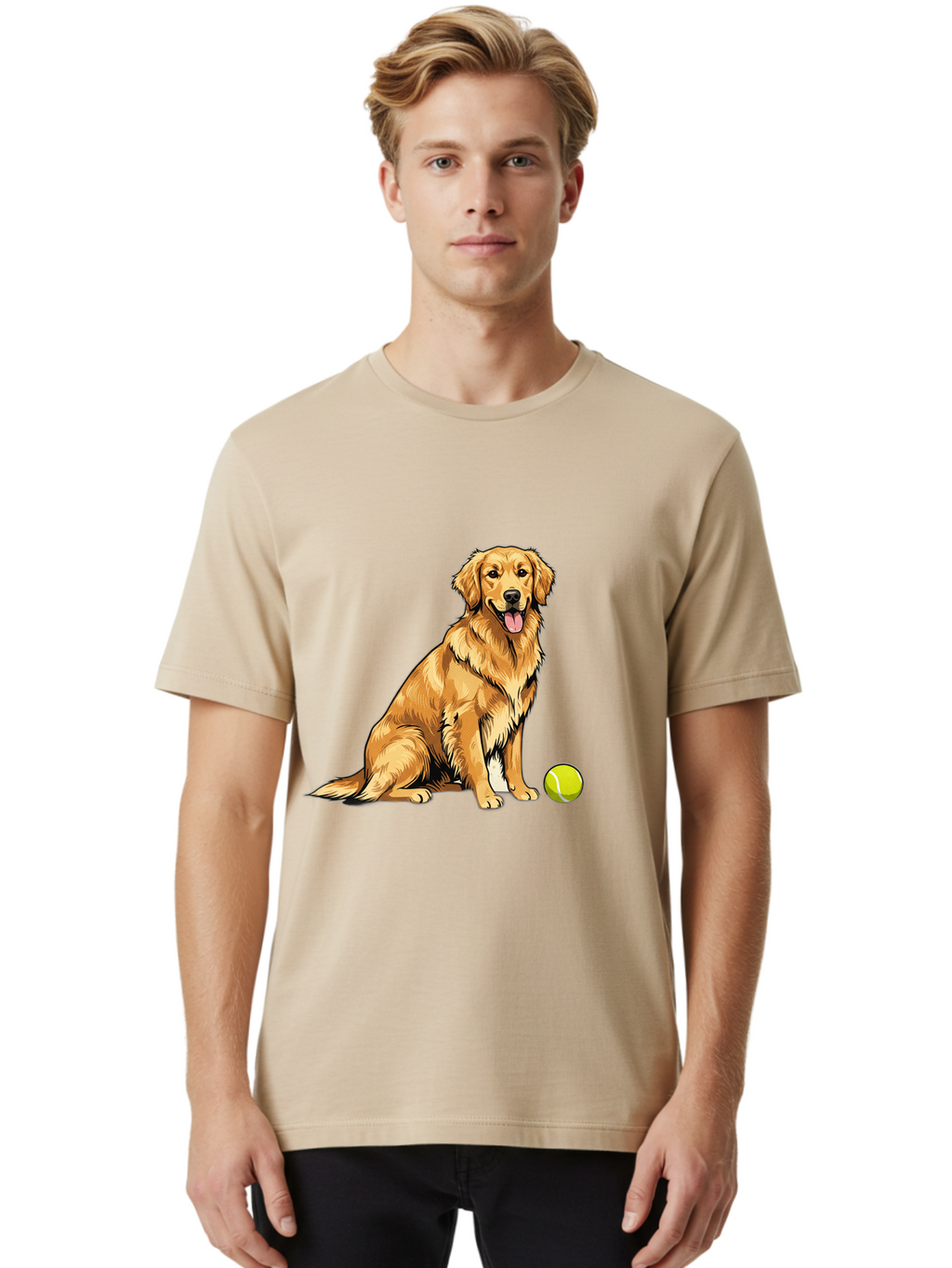 Golden-Retriever-7 Men'S Graphic Tee, 100% Cotton, Comfortable Casual Summer Wear, Machine Washable, Golden Retriever Dog, Tennis Ball, Sitting Dog, Happy Dog, Dog Sports, Canine Companion, Furry Friend, Playful Mood, Dog Illustration, Bab981