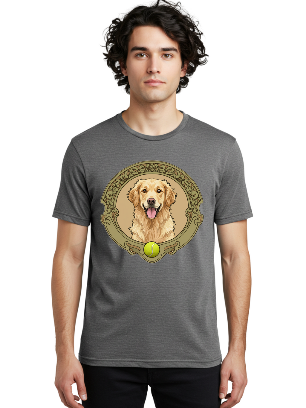 Golden-Retriever-8 Men'S Graphic Tee, 100% Cotton, Comfortable Casual Summer Wear, Machine Washable, Golden Retriever Head, Happy Dog, Tennis Ball, Ornate Frame, Vintage Style, Playful Pet, Dog Illustration, Retriever Breed, Tennis Ball Theme, Bab982