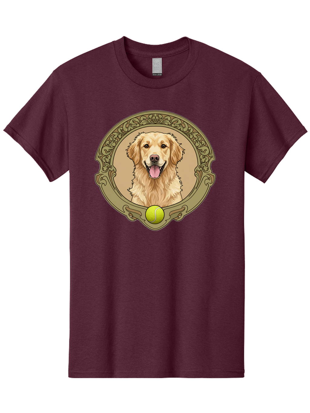 Golden-Retriever-8 Men'S Graphic Tee, 100% Cotton, Comfortable Casual Summer Wear, Machine Washable, Golden Retriever Head, Happy Dog, Tennis Ball, Ornate Frame, Vintage Style, Playful Pet, Dog Illustration, Retriever Breed, Tennis Ball Theme, Bab982