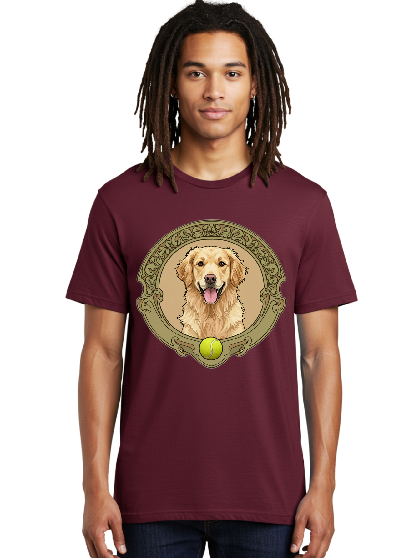 Golden-Retriever-8 Men'S Graphic Tee, 100% Cotton, Comfortable Casual Summer Wear, Machine Washable, Golden Retriever Head, Happy Dog, Tennis Ball, Ornate Frame, Vintage Style, Playful Pet, Dog Illustration, Retriever Breed, Tennis Ball Theme, Bab982