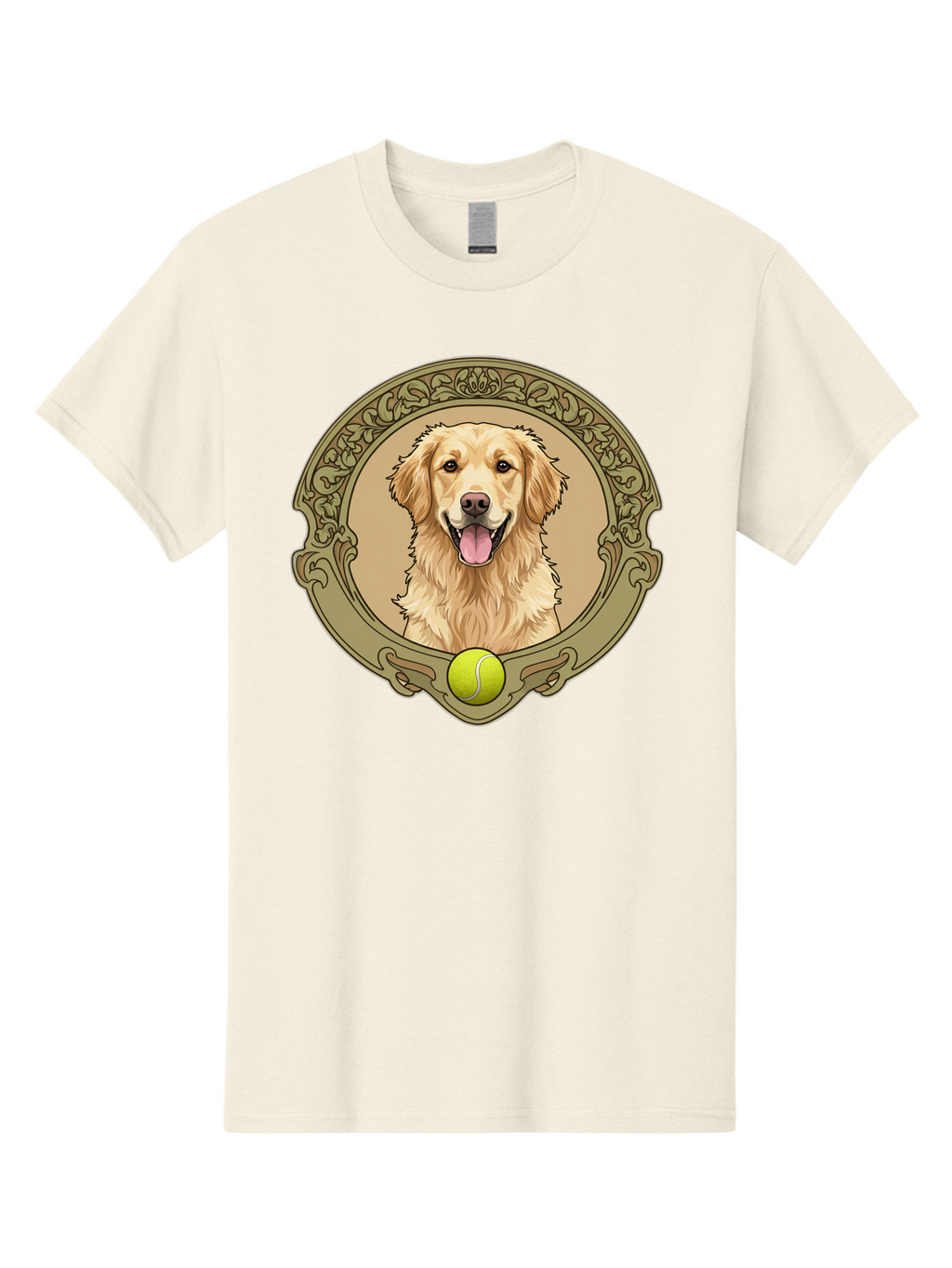 Golden-Retriever-8 Men'S Graphic Tee, 100% Cotton, Comfortable Casual Summer Wear, Machine Washable, Golden Retriever Head, Happy Dog, Tennis Ball, Ornate Frame, Vintage Style, Playful Pet, Dog Illustration, Retriever Breed, Tennis Ball Theme, Bab982