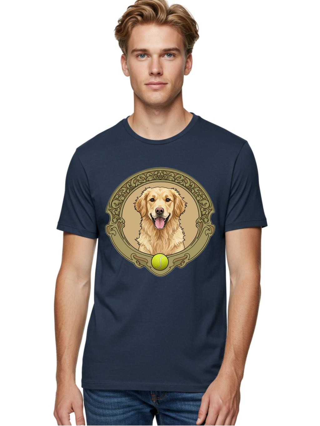 Golden-Retriever-8 Men'S Graphic Tee, 100% Cotton, Comfortable Casual Summer Wear, Machine Washable, Golden Retriever Head, Happy Dog, Tennis Ball, Ornate Frame, Vintage Style, Playful Pet, Dog Illustration, Retriever Breed, Tennis Ball Theme, Bab982