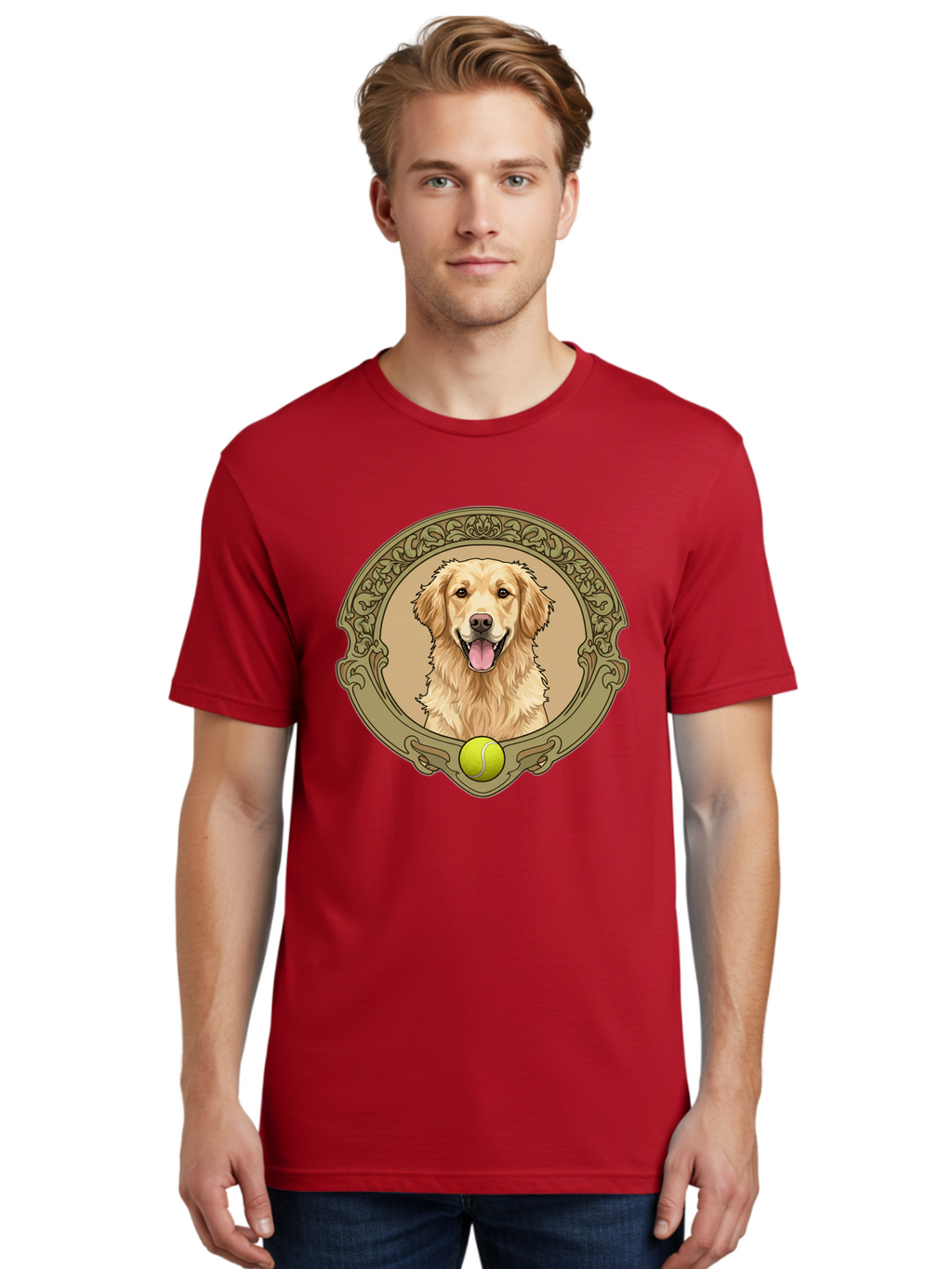Golden-Retriever-8 Men'S Graphic Tee, 100% Cotton, Comfortable Casual Summer Wear, Machine Washable, Golden Retriever Head, Happy Dog, Tennis Ball, Ornate Frame, Vintage Style, Playful Pet, Dog Illustration, Retriever Breed, Tennis Ball Theme, Bab982
