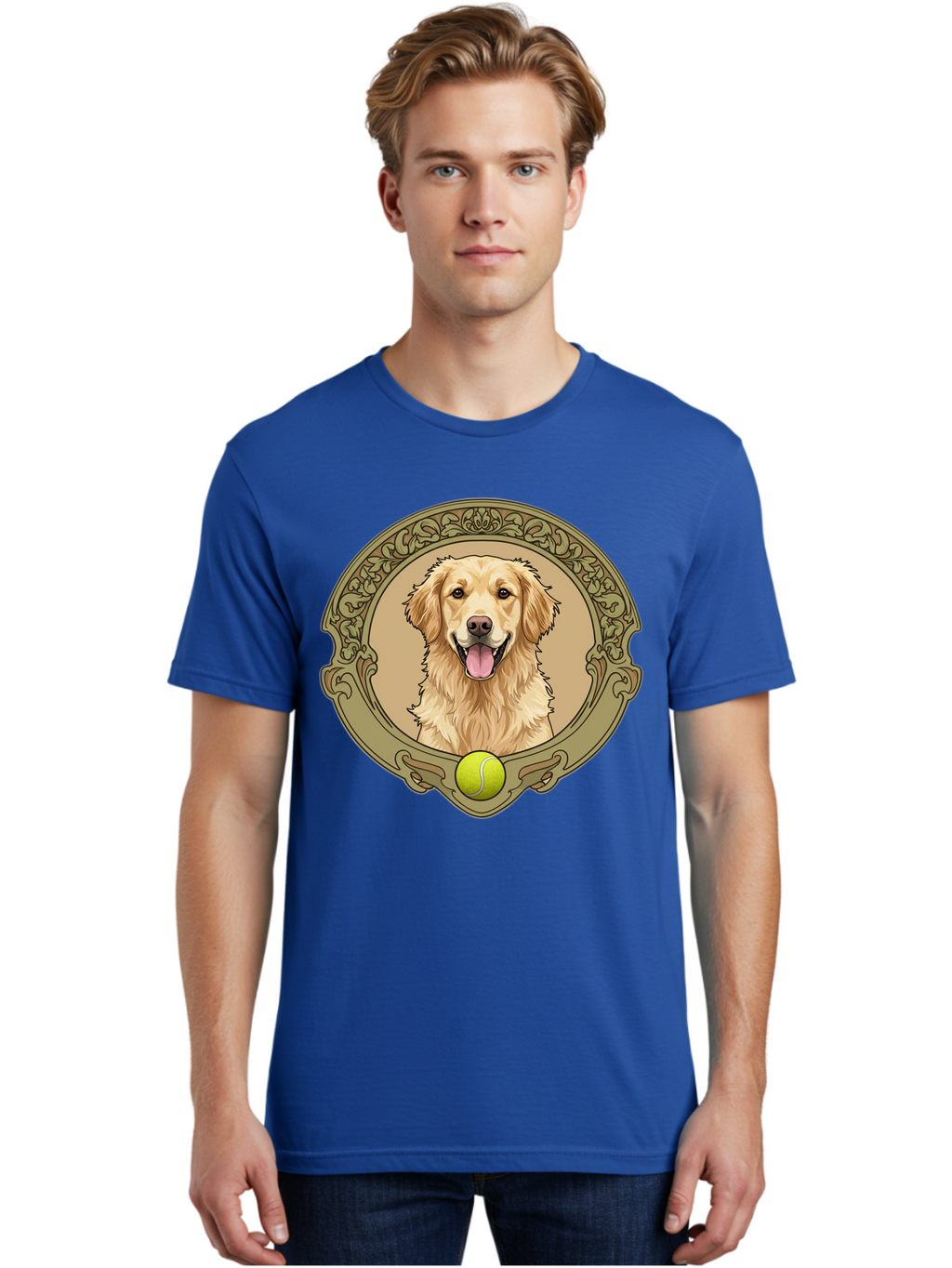 Golden-Retriever-8 Men'S Graphic Tee, 100% Cotton, Comfortable Casual Summer Wear, Machine Washable, Golden Retriever Head, Happy Dog, Tennis Ball, Ornate Frame, Vintage Style, Playful Pet, Dog Illustration, Retriever Breed, Tennis Ball Theme, Bab982