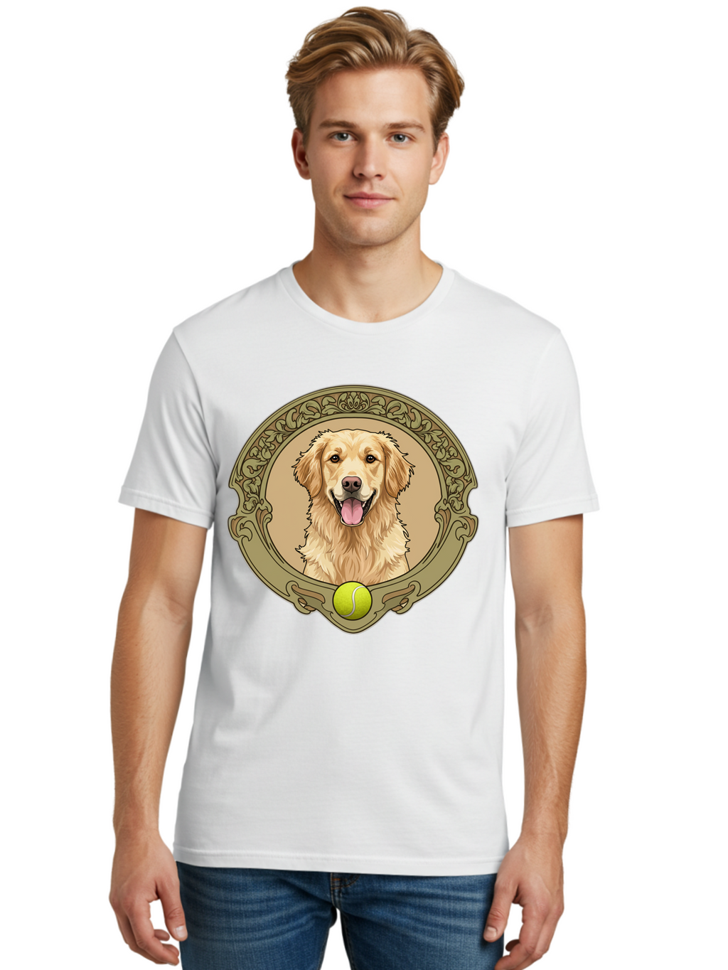 Golden-Retriever-8 Men'S Graphic Tee, 100% Cotton, Comfortable Casual Summer Wear, Machine Washable, Golden Retriever Head, Happy Dog, Tennis Ball, Ornate Frame, Vintage Style, Playful Pet, Dog Illustration, Retriever Breed, Tennis Ball Theme, Bab982