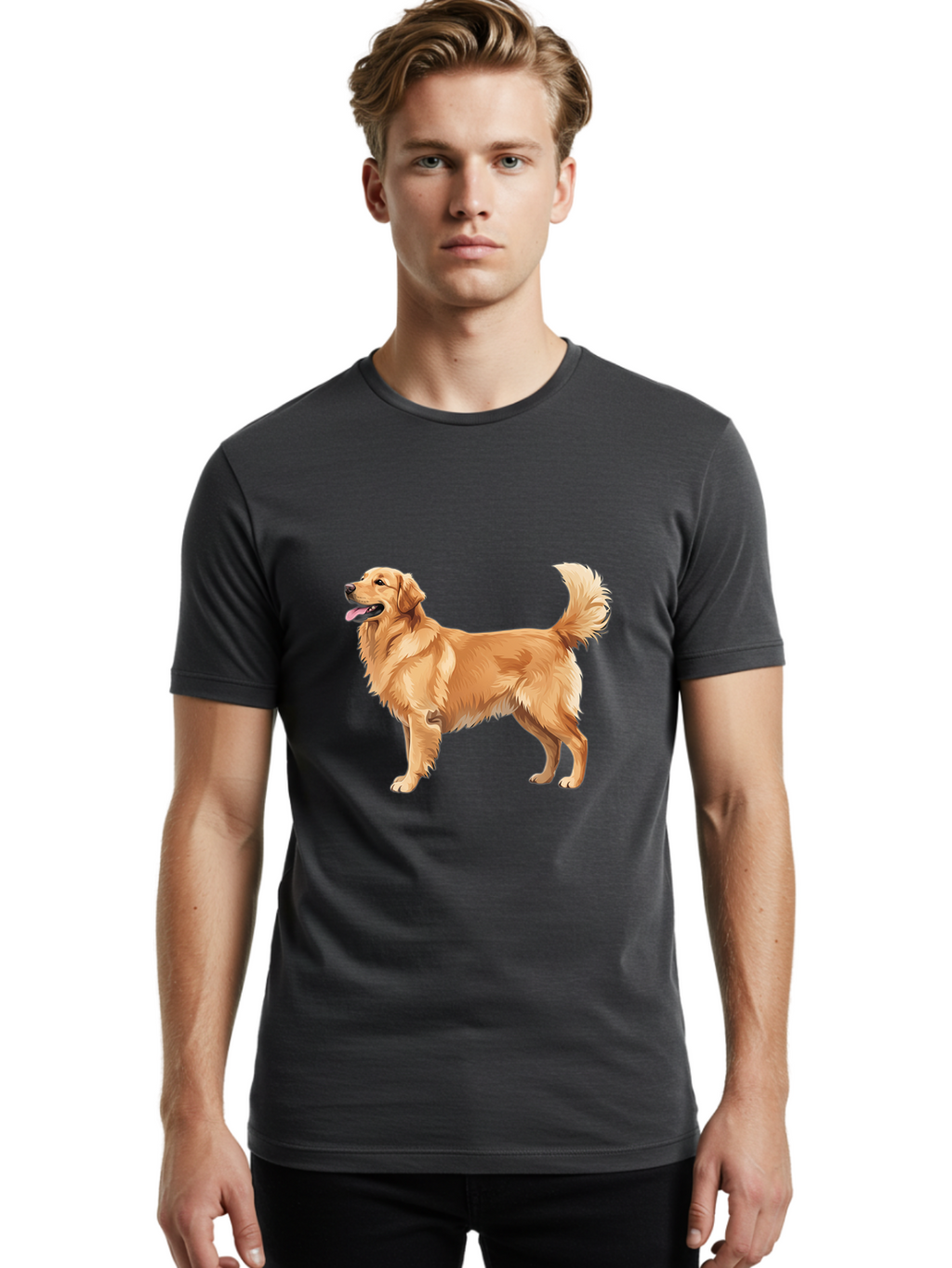 Golden-Retriever-9 Men'S Graphic Tee, 100% Cotton, Comfortable Casual Summer Wear, Machine Washable, Golden Retriever Dog, Happy Dog, Dog Portrait, Canine, Furry Friend, Playful Pet, Illustration, Cartoon Dog, Friendly Animal Bab983
