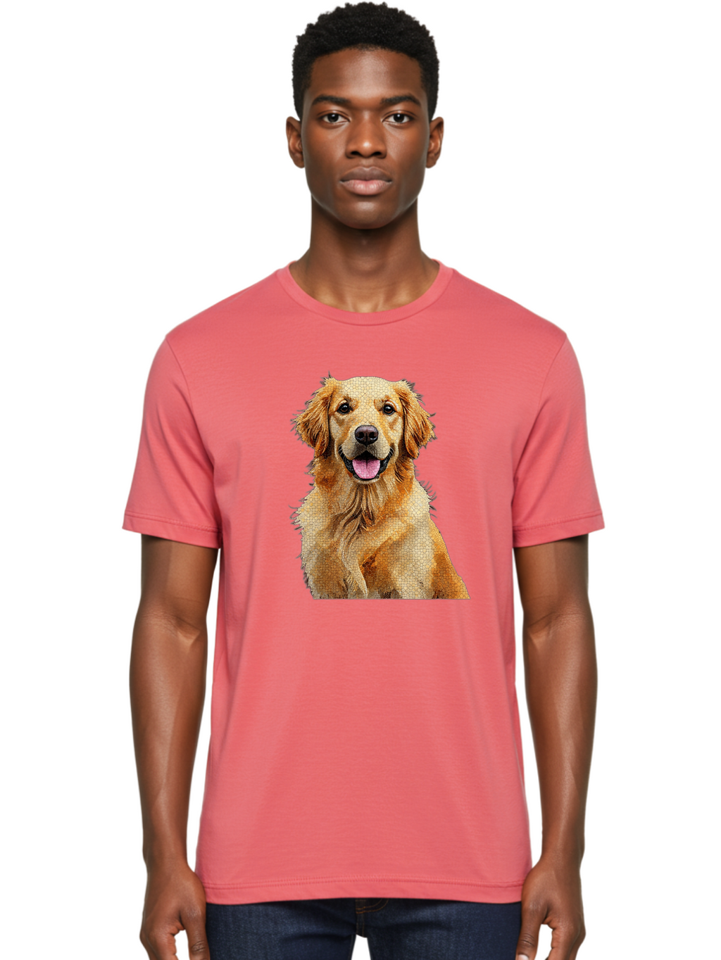 Golden-Retriever-Dog Men'S Graphic Tee, 100% Cotton, Comfortable Casual Summer Wear, Machine Washable, Golden Retriever, Happy Dog, Furry Friend, Dog Portrait, Happy Expression, Tongue Out, Dog Photography, Canine Companion, Friendly Animal Bab984