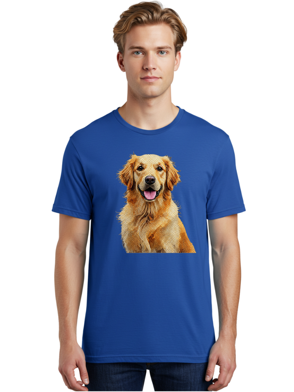 Golden-Retriever-Dog Men'S Graphic Tee, 100% Cotton, Comfortable Casual Summer Wear, Machine Washable, Golden Retriever, Happy Dog, Furry Friend, Dog Portrait, Happy Expression, Tongue Out, Dog Photography, Canine Companion, Friendly Animal Bab984