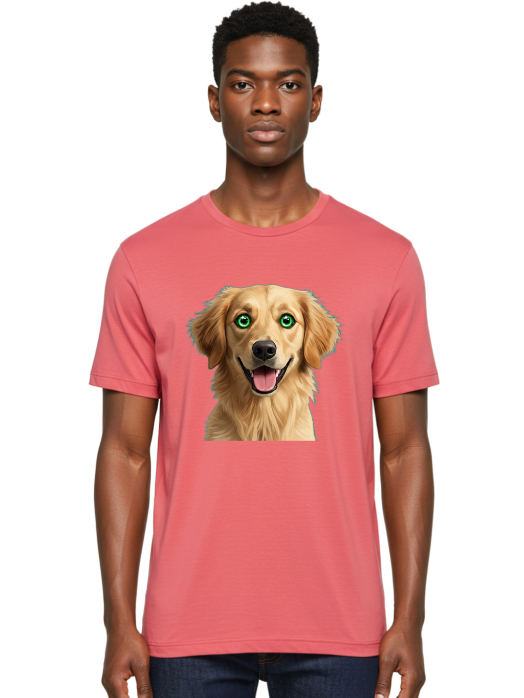 Golden-Retriever-Head-1 Men'S Graphic Tee, 100% Cotton, Comfortable Casual Summer Wear, Machine Washable, Happy Dog, Golden Retriever, Cartoon Dog, Dog Portrait, Friendly Canine, Smiling Dog, Green Eyes, Dog Art, Animal Illustration, Bab985
