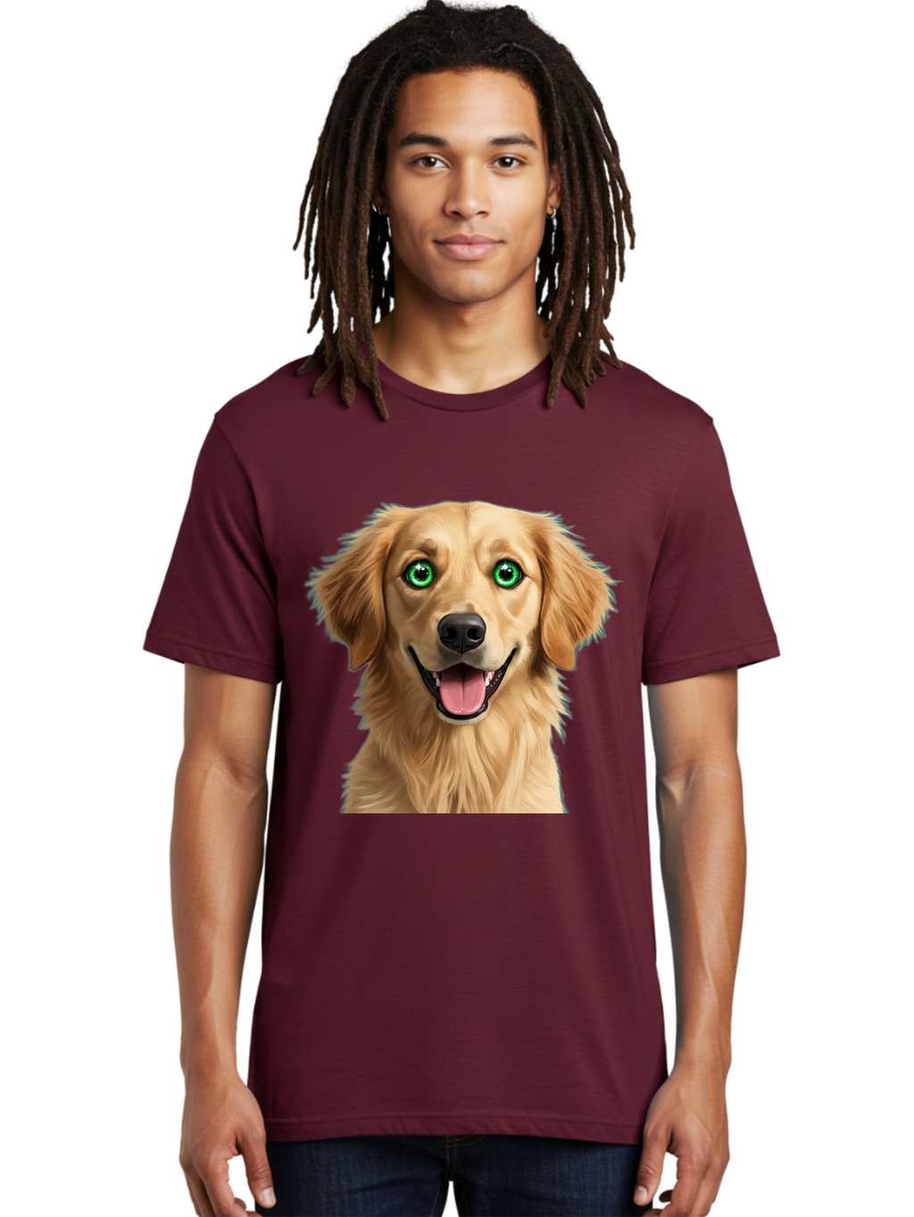 Golden-Retriever-Head-1 Men'S Graphic Tee, 100% Cotton, Comfortable Casual Summer Wear, Machine Washable, Happy Dog, Golden Retriever, Cartoon Dog, Dog Portrait, Friendly Canine, Smiling Dog, Green Eyes, Dog Art, Animal Illustration, Bab985