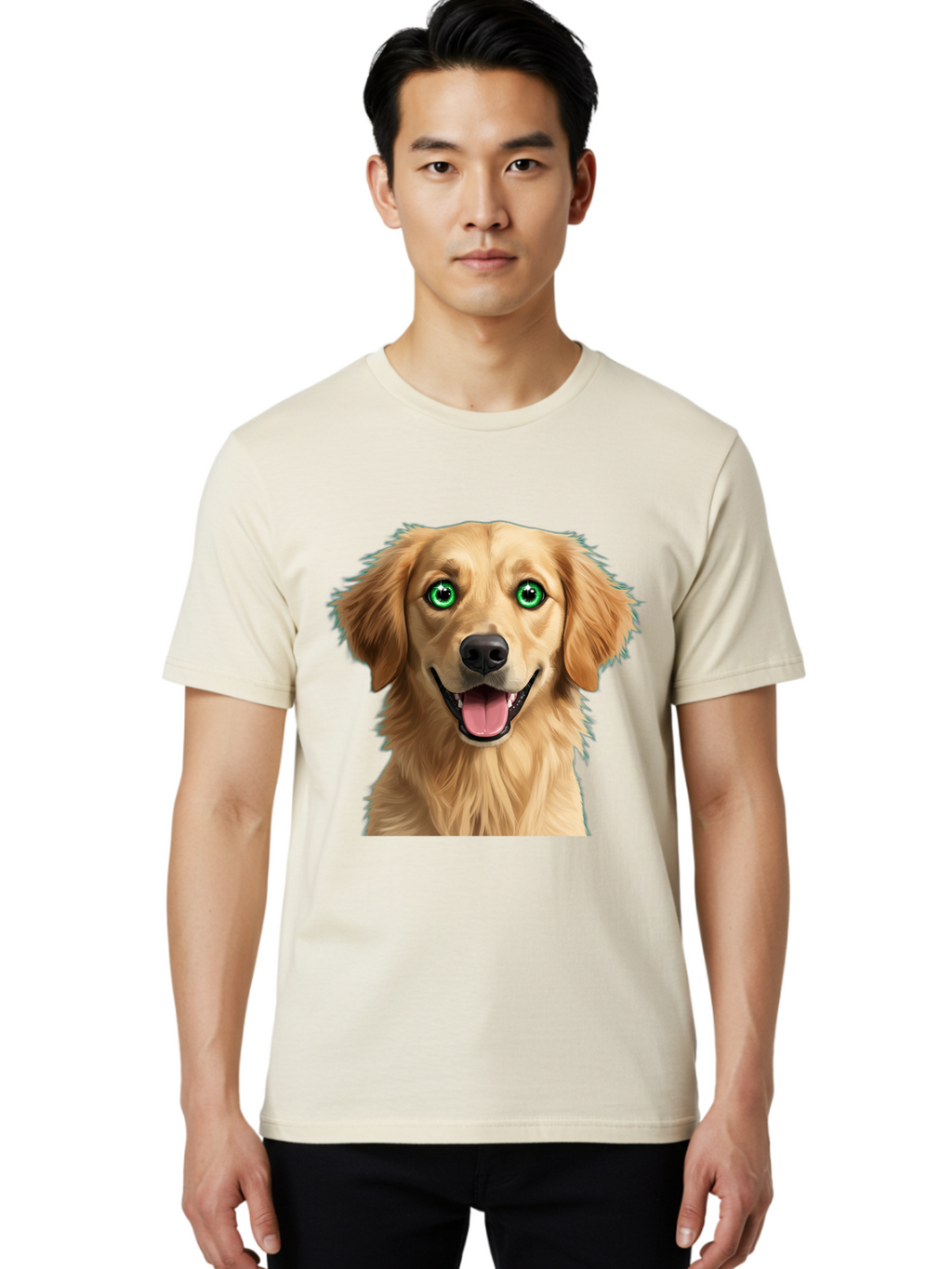 Golden-Retriever-Head-1 Men'S Graphic Tee, 100% Cotton, Comfortable Casual Summer Wear, Machine Washable, Happy Dog, Golden Retriever, Cartoon Dog, Dog Portrait, Friendly Canine, Smiling Dog, Green Eyes, Dog Art, Animal Illustration, Bab985