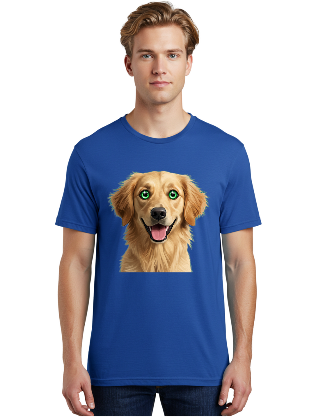 Golden-Retriever-Head-1 Men'S Graphic Tee, 100% Cotton, Comfortable Casual Summer Wear, Machine Washable, Happy Dog, Golden Retriever, Cartoon Dog, Dog Portrait, Friendly Canine, Smiling Dog, Green Eyes, Dog Art, Animal Illustration, Bab985