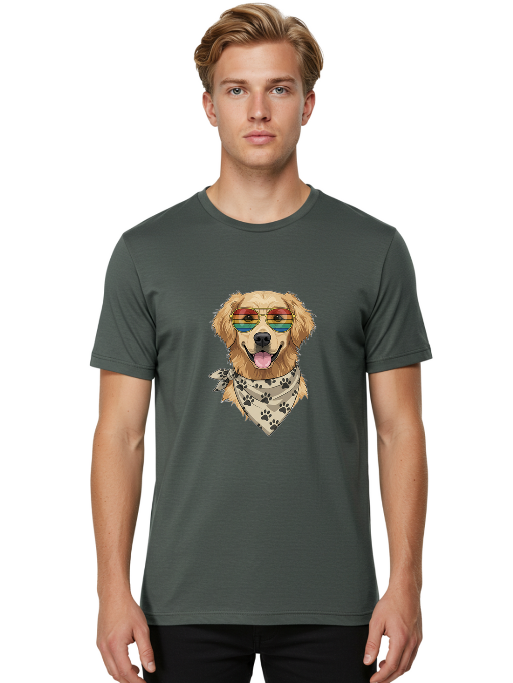 Golden-Retriever-Pride Men'S Graphic Tee, 100% Cotton, Comfortable Casual Summer Wear, Machine Washable, Golden Retriever Wearing Rainbow Sunglasses, Bandana With Paw Prints, Happy Dog, Pride Symbol, Fun Pet, Colorful Illustration, Bab987