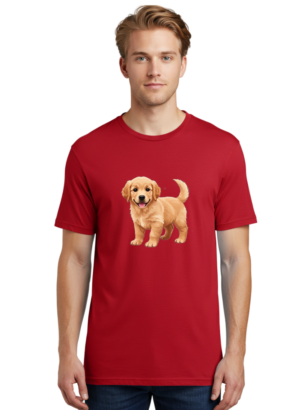 Golden-Retriever-Puppy-3 Men'S Graphic Tee, 100% Cotton, Comfortable Casual Summer Wear, Machine Washable, Golden Retriever Puppy, Dog Portrait, Playful Dog, Happy Puppy, Furry Friend, Dog'S Smile, Tail Wagging, Adorable Pet, Cartoon Dog, Bab990