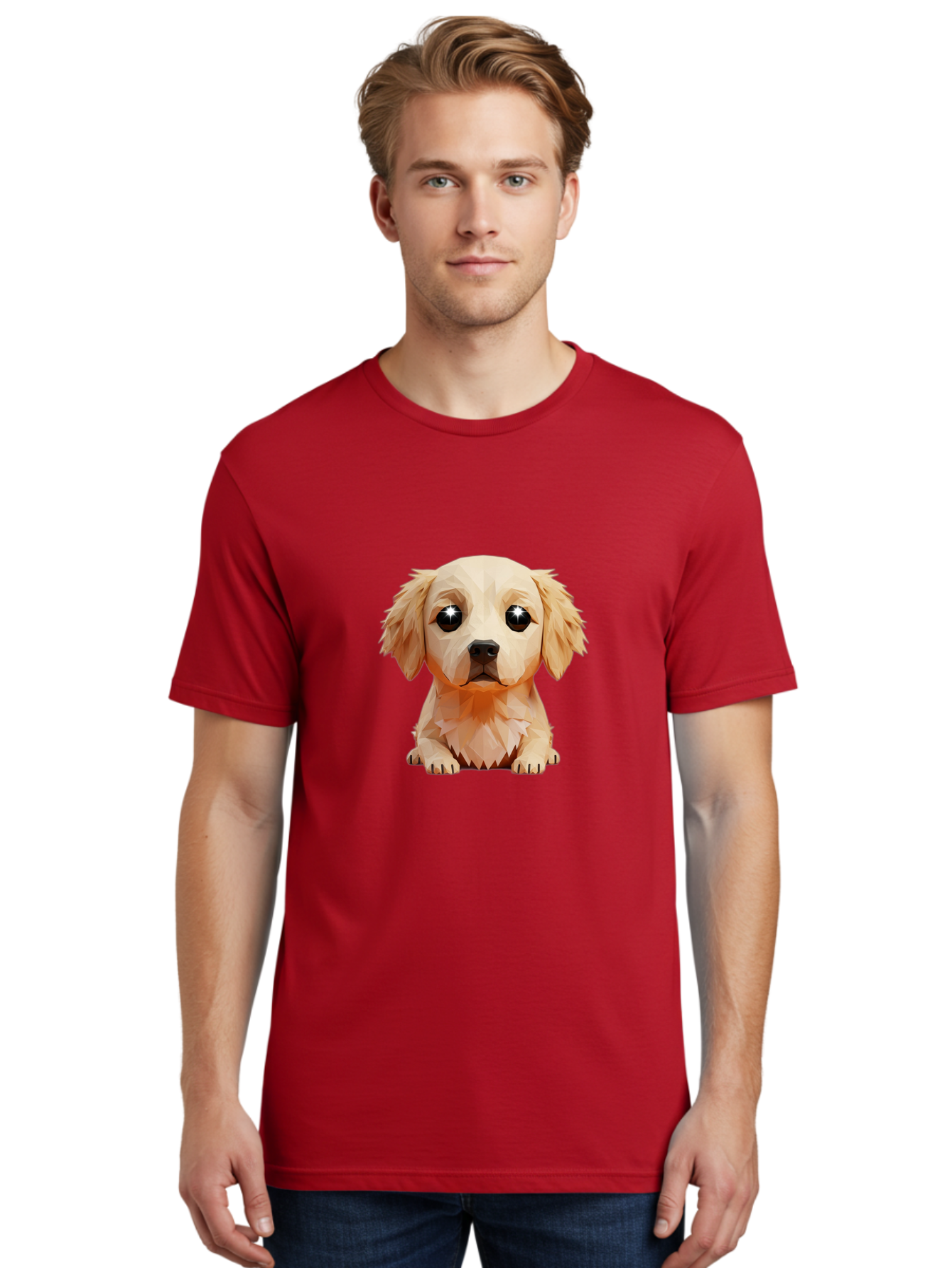 Golden-Retriever-Puppy-5 Men'S Graphic Tee, 100% Cotton, Comfortable Casual Summer Wear, Machine Washable, Low-Poly Puppy Art, Puppy With Shiny Eyes, 3D Geometric Dog, Cute Puppy, Adorable Puppy Graphics, Puppy Illustration, Modern Art, Bab992