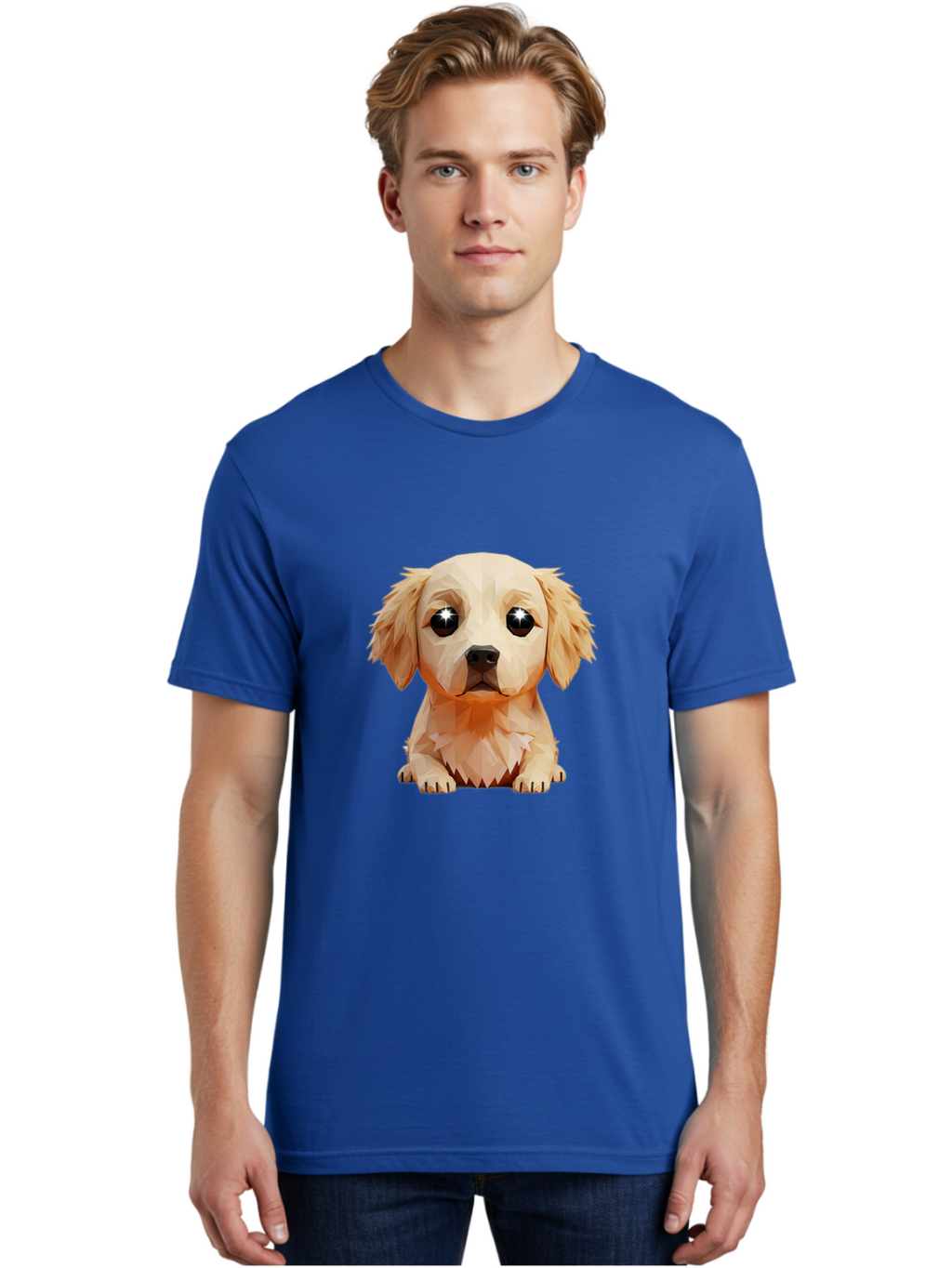 Golden-Retriever-Puppy-5 Men'S Graphic Tee, 100% Cotton, Comfortable Casual Summer Wear, Machine Washable, Low-Poly Puppy Art, Puppy With Shiny Eyes, 3D Geometric Dog, Cute Puppy, Adorable Puppy Graphics, Puppy Illustration, Modern Art, Bab992