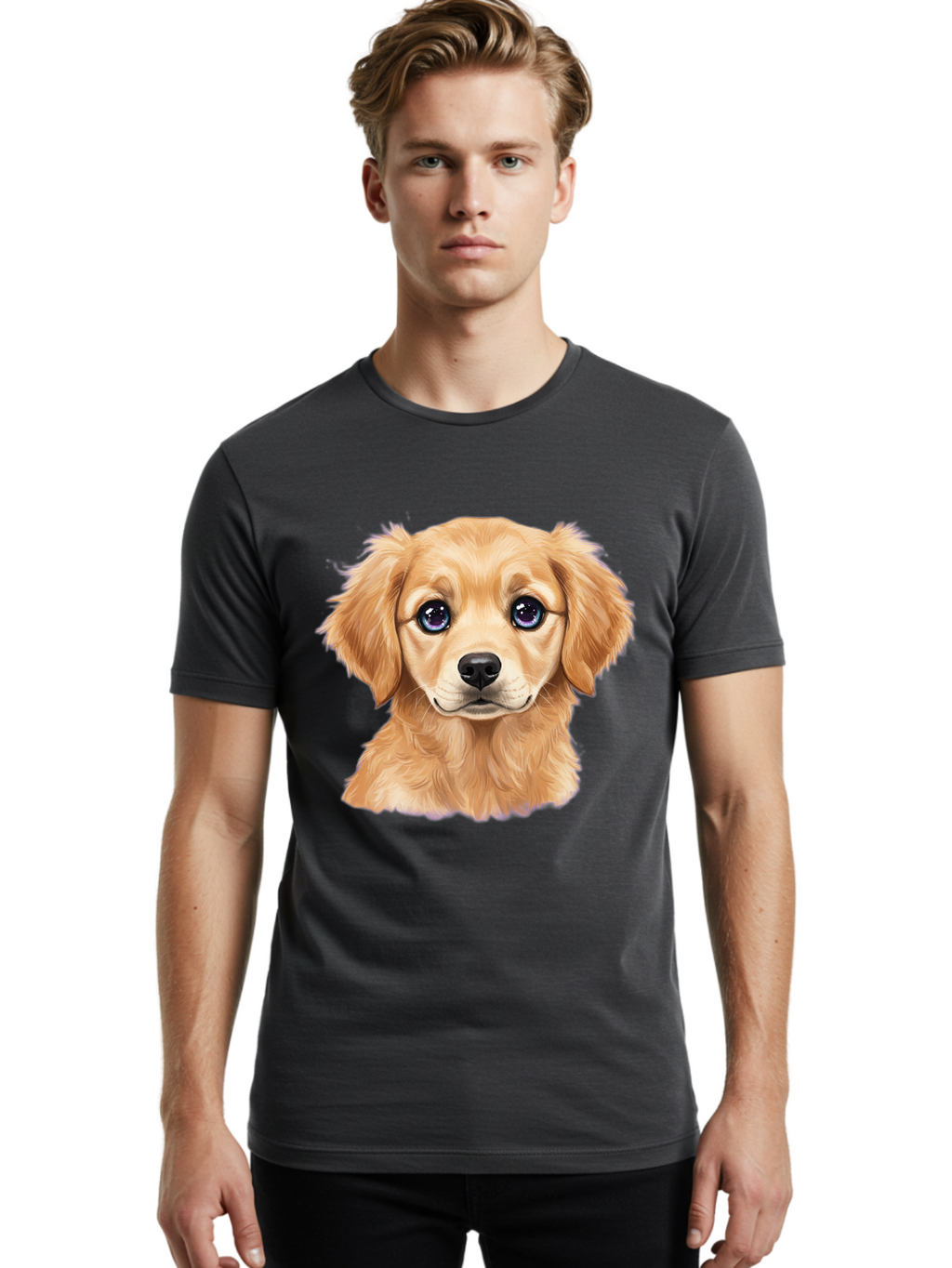 Golden-Retriever-Puppy-6 Men'S Graphic Tee, 100% Cotton, Comfortable Casual Summer Wear, Machine Washable, Golden Puppy, Cute Dog, Puppy Face, Blue Eyes, Fluffy Fur, Adorable Animal, Cartoon Style, Digital Art, Sweet Expression, Friendly Pet Bab993