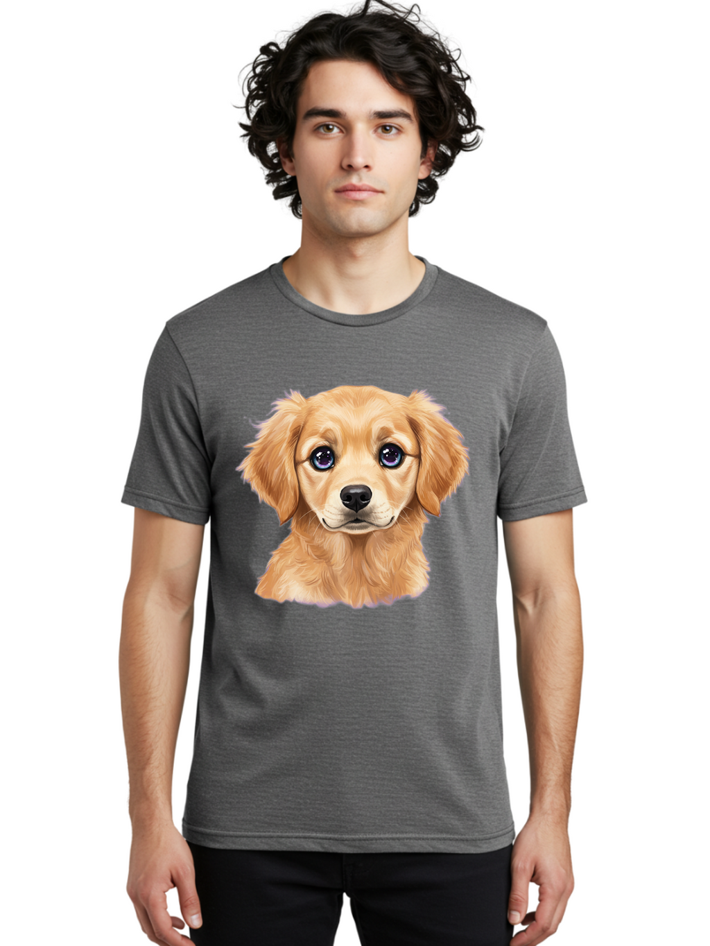 Golden-Retriever-Puppy-6 Men'S Graphic Tee, 100% Cotton, Comfortable Casual Summer Wear, Machine Washable, Golden Puppy, Cute Dog, Puppy Face, Blue Eyes, Fluffy Fur, Adorable Animal, Cartoon Style, Digital Art, Sweet Expression, Friendly Pet Bab993