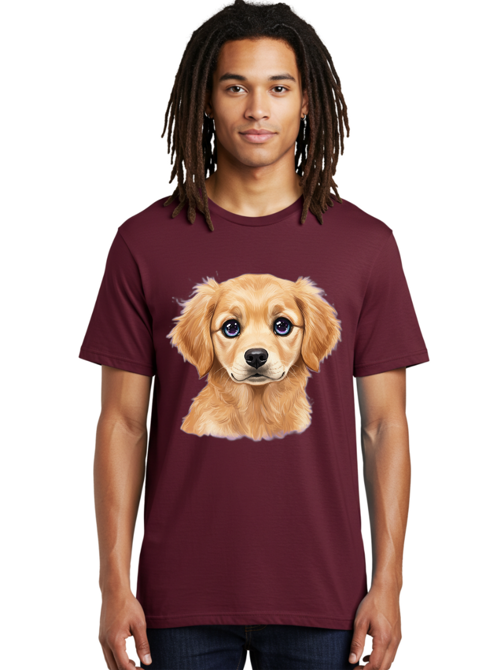 Golden-Retriever-Puppy-6 Men'S Graphic Tee, 100% Cotton, Comfortable Casual Summer Wear, Machine Washable, Golden Puppy, Cute Dog, Puppy Face, Blue Eyes, Fluffy Fur, Adorable Animal, Cartoon Style, Digital Art, Sweet Expression, Friendly Pet Bab993