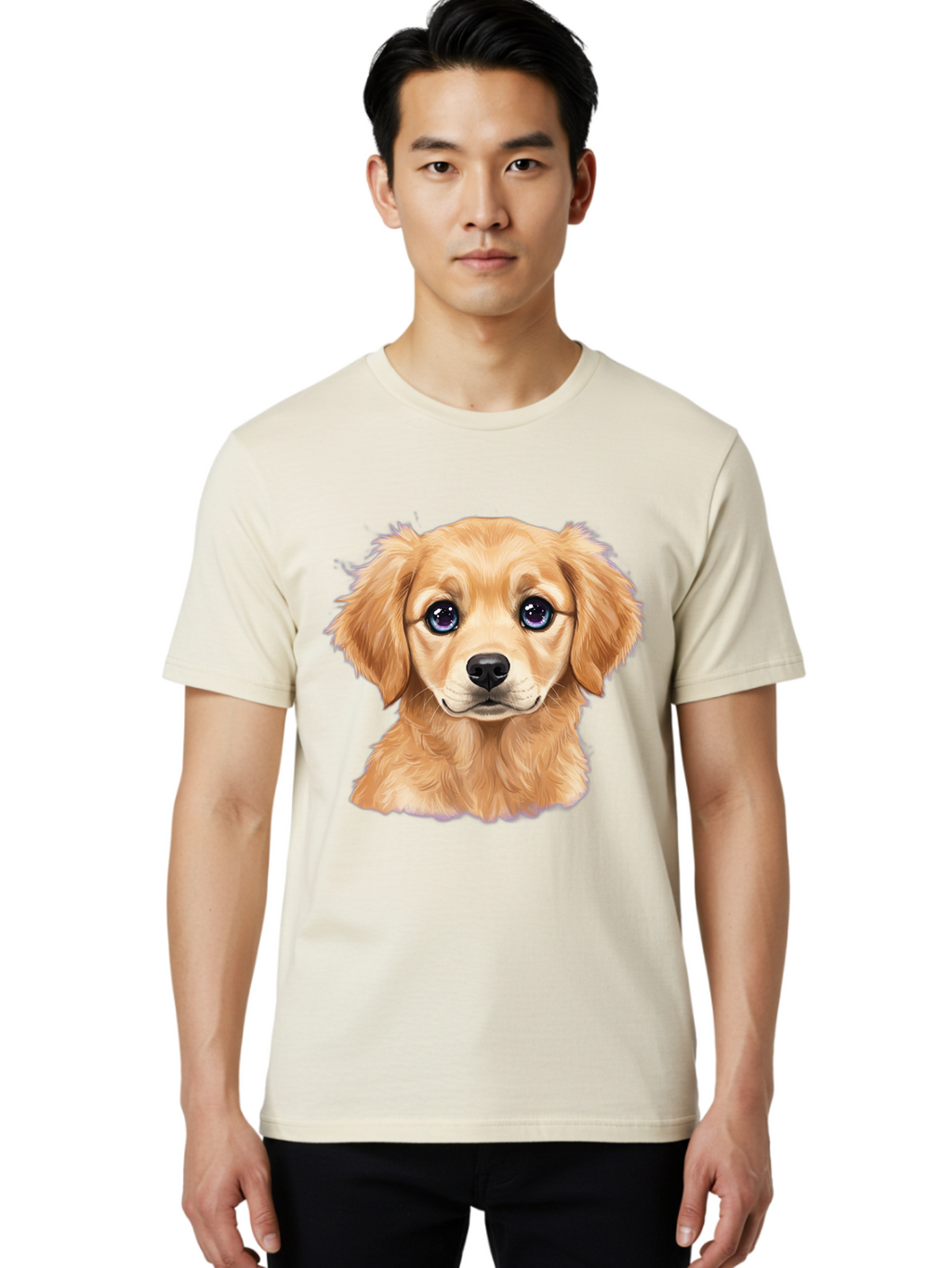 Golden-Retriever-Puppy-6 Men'S Graphic Tee, 100% Cotton, Comfortable Casual Summer Wear, Machine Washable, Golden Puppy, Cute Dog, Puppy Face, Blue Eyes, Fluffy Fur, Adorable Animal, Cartoon Style, Digital Art, Sweet Expression, Friendly Pet Bab993