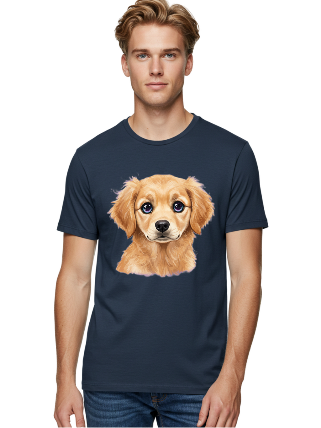 Golden-Retriever-Puppy-6 Men'S Graphic Tee, 100% Cotton, Comfortable Casual Summer Wear, Machine Washable, Golden Puppy, Cute Dog, Puppy Face, Blue Eyes, Fluffy Fur, Adorable Animal, Cartoon Style, Digital Art, Sweet Expression, Friendly Pet Bab993