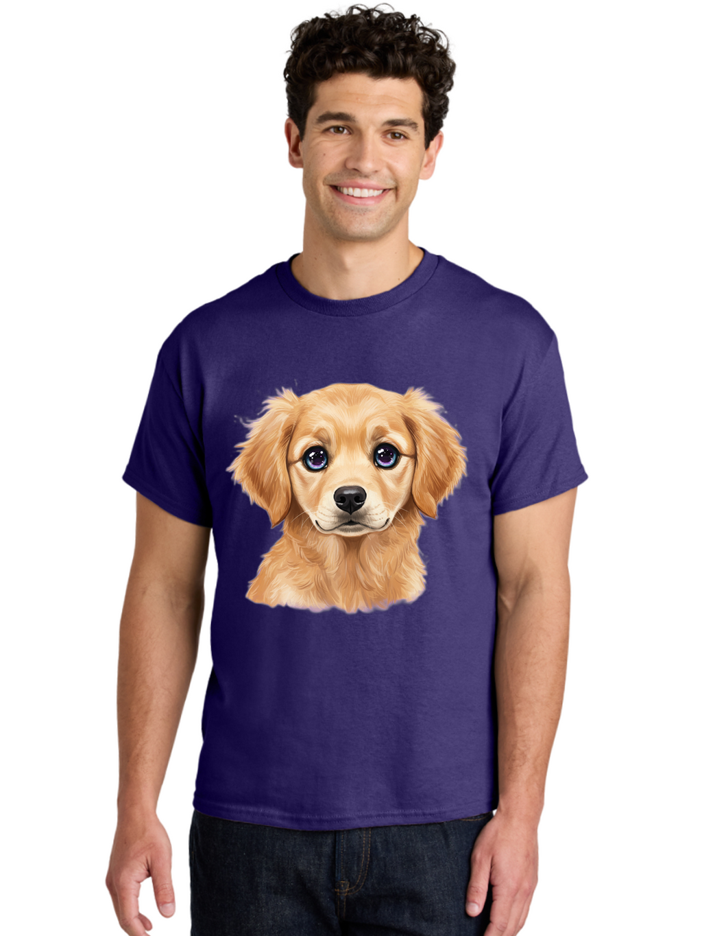 Golden-Retriever-Puppy-6 Men'S Graphic Tee, 100% Cotton, Comfortable Casual Summer Wear, Machine Washable, Golden Puppy, Cute Dog, Puppy Face, Blue Eyes, Fluffy Fur, Adorable Animal, Cartoon Style, Digital Art, Sweet Expression, Friendly Pet Bab993