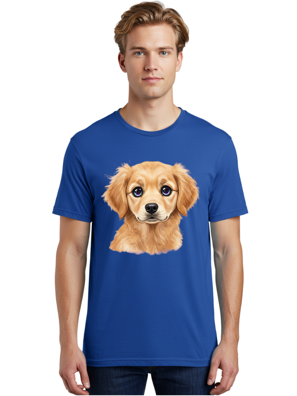 Golden-Retriever-Puppy-6 Men'S Graphic Tee, 100% Cotton, Comfortable Casual Summer Wear, Machine Washable, Golden Puppy, Cute Dog, Puppy Face, Blue Eyes, Fluffy Fur, Adorable Animal, Cartoon Style, Digital Art, Sweet Expression, Friendly Pet Bab993