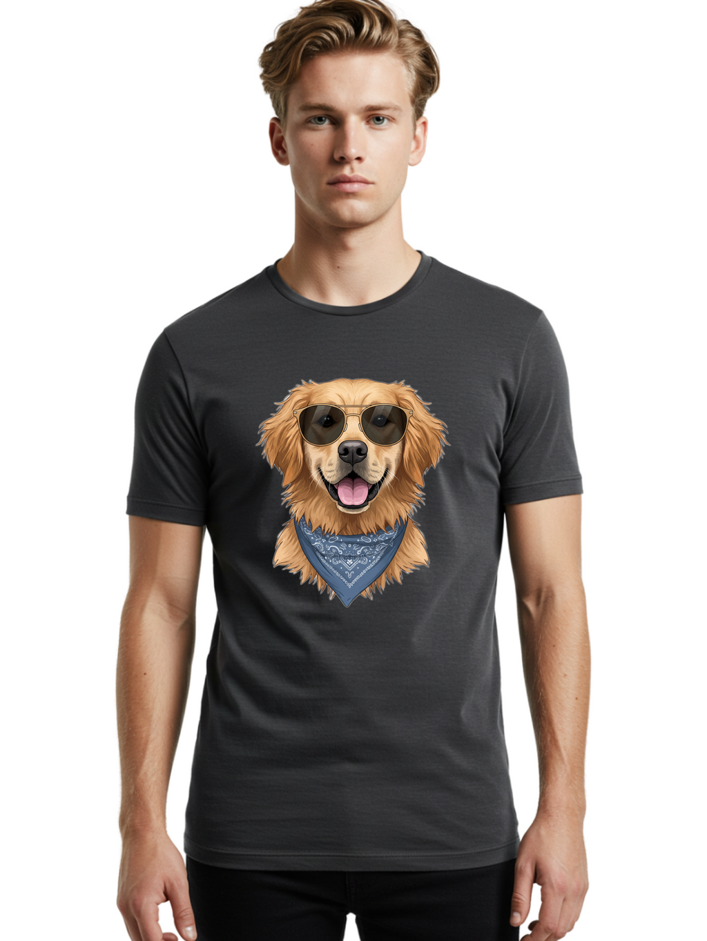 Golden-Retriever-Sunglasses-1 Men'S Graphic Tee, 100% Cotton, Comfortable Casual Summer Wear, Machine Washable, Golden Retriever Wearing Sunglasses, Dog With Shades, Bandana Around Neck, Funny Animal Portrait, Cool Dog Design, Bab995