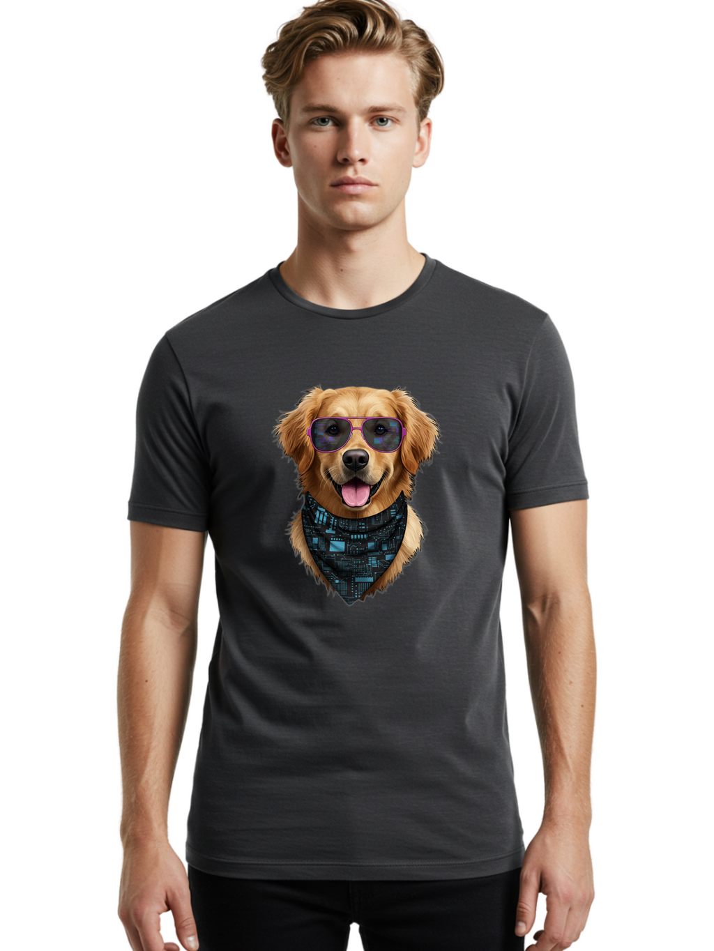 Golden-Retriever-Sunglasses Men'S Graphic Tee, 100% Cotton, Comfortable Casual Summer Wear, Machine Washable, Golden Retriever Dog, Trendy Sunglasses, Tech-Inspired Bandana, Streetwear Style, Cool Canine, Futuristic Fashion, Bab996