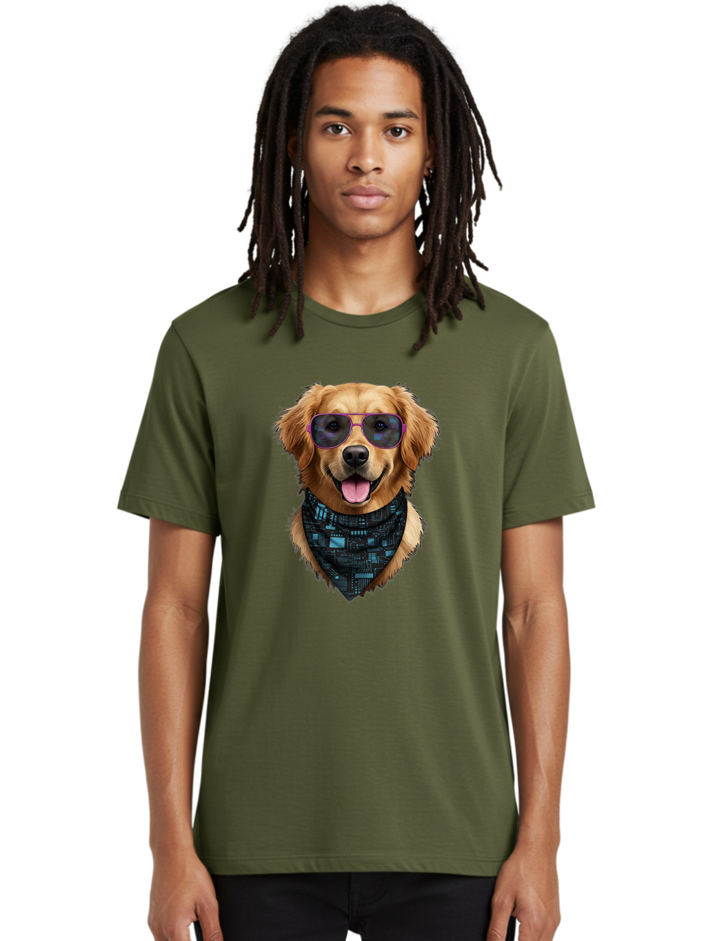 Golden-Retriever-Sunglasses Men'S Graphic Tee, 100% Cotton, Comfortable Casual Summer Wear, Machine Washable, Golden Retriever Dog, Trendy Sunglasses, Tech-Inspired Bandana, Streetwear Style, Cool Canine, Futuristic Fashion, Bab996