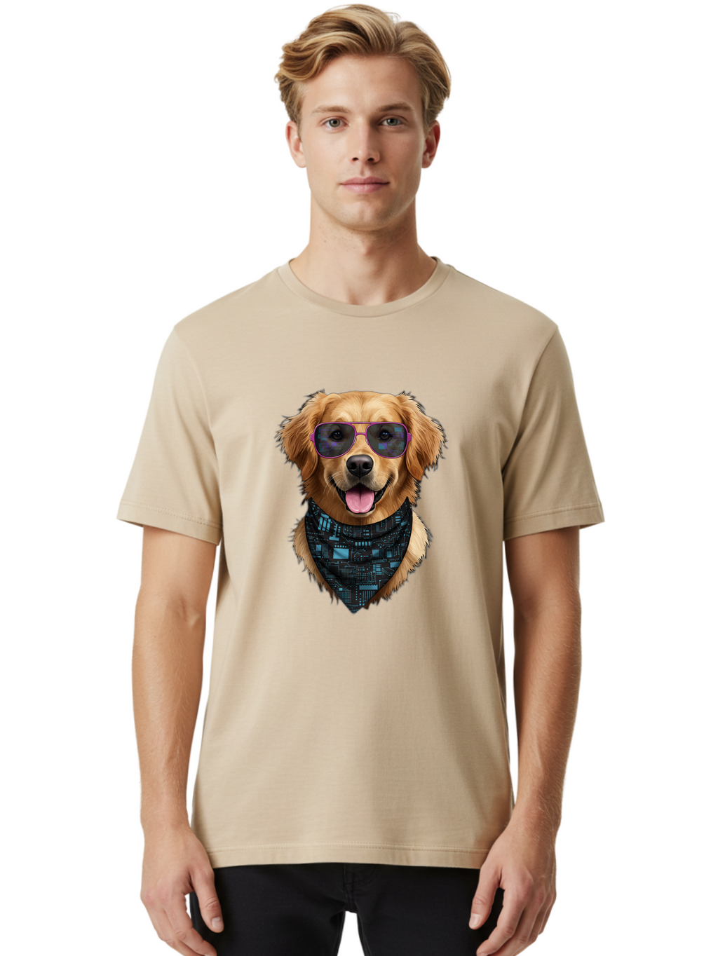 Golden-Retriever-Sunglasses Men'S Graphic Tee, 100% Cotton, Comfortable Casual Summer Wear, Machine Washable, Golden Retriever Dog, Trendy Sunglasses, Tech-Inspired Bandana, Streetwear Style, Cool Canine, Futuristic Fashion, Bab996