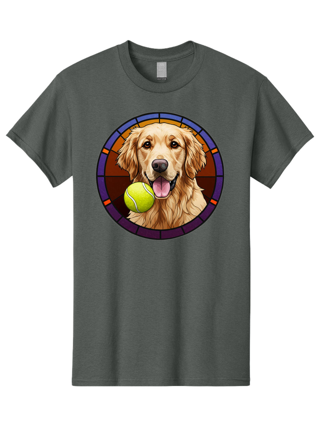 Golden-Retriever-Tennis-Ball-1 Men'S Graphic Tee, 100% Cotton, Comfortable Casual Summer Wear, Machine Washable, Golden Retriever, Tennis Ball, Stained Glass Art, Playful Dog, Fetching Fun, Happy Pet, Dog Lover, Cute Canine Bab997