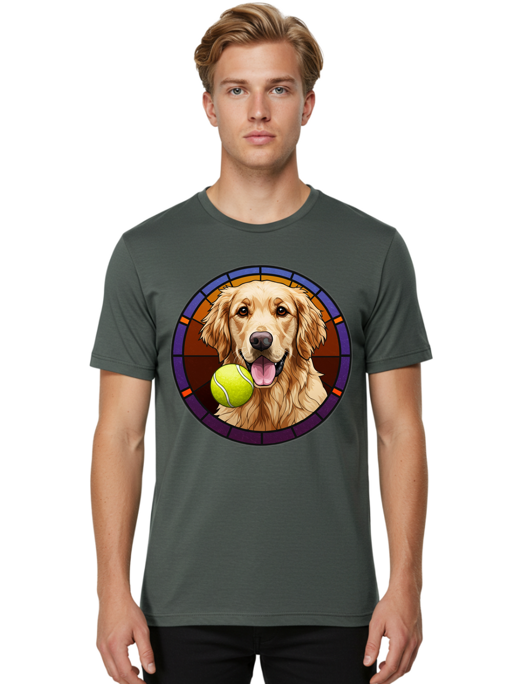 Golden-Retriever-Tennis-Ball-1 Men'S Graphic Tee, 100% Cotton, Comfortable Casual Summer Wear, Machine Washable, Golden Retriever, Tennis Ball, Stained Glass Art, Playful Dog, Fetching Fun, Happy Pet, Dog Lover, Cute Canine Bab997
