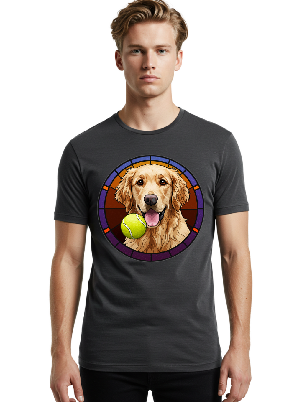Golden-Retriever-Tennis-Ball-1 Men'S Graphic Tee, 100% Cotton, Comfortable Casual Summer Wear, Machine Washable, Golden Retriever, Tennis Ball, Stained Glass Art, Playful Dog, Fetching Fun, Happy Pet, Dog Lover, Cute Canine Bab997