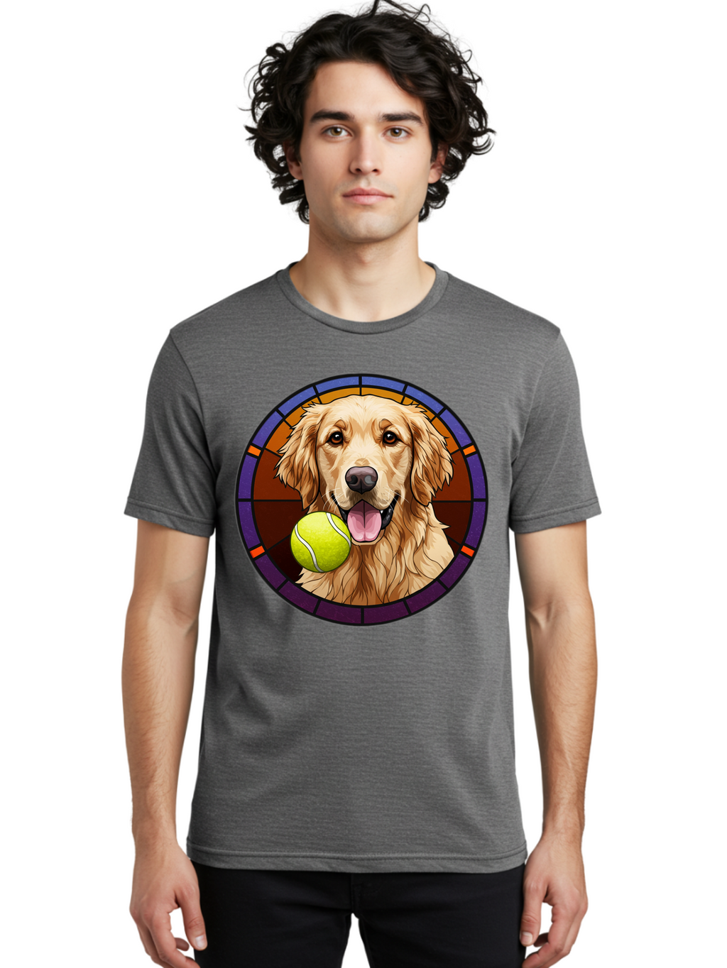 Golden-Retriever-Tennis-Ball-1 Men'S Graphic Tee, 100% Cotton, Comfortable Casual Summer Wear, Machine Washable, Golden Retriever, Tennis Ball, Stained Glass Art, Playful Dog, Fetching Fun, Happy Pet, Dog Lover, Cute Canine Bab997