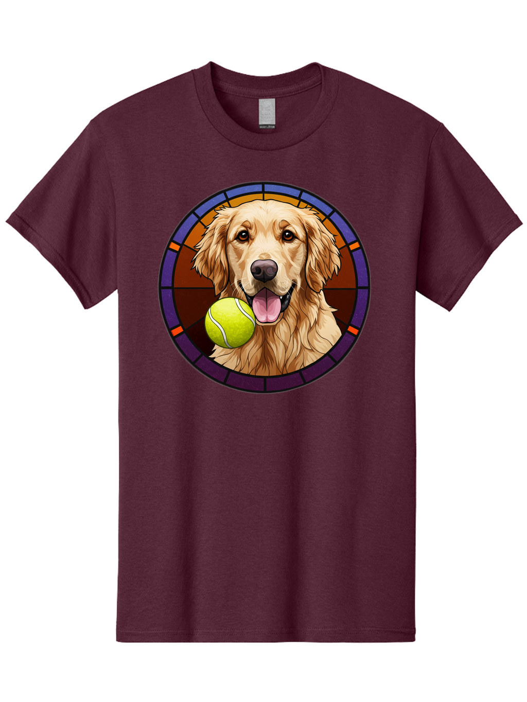 Golden-Retriever-Tennis-Ball-1 Men'S Graphic Tee, 100% Cotton, Comfortable Casual Summer Wear, Machine Washable, Golden Retriever, Tennis Ball, Stained Glass Art, Playful Dog, Fetching Fun, Happy Pet, Dog Lover, Cute Canine Bab997