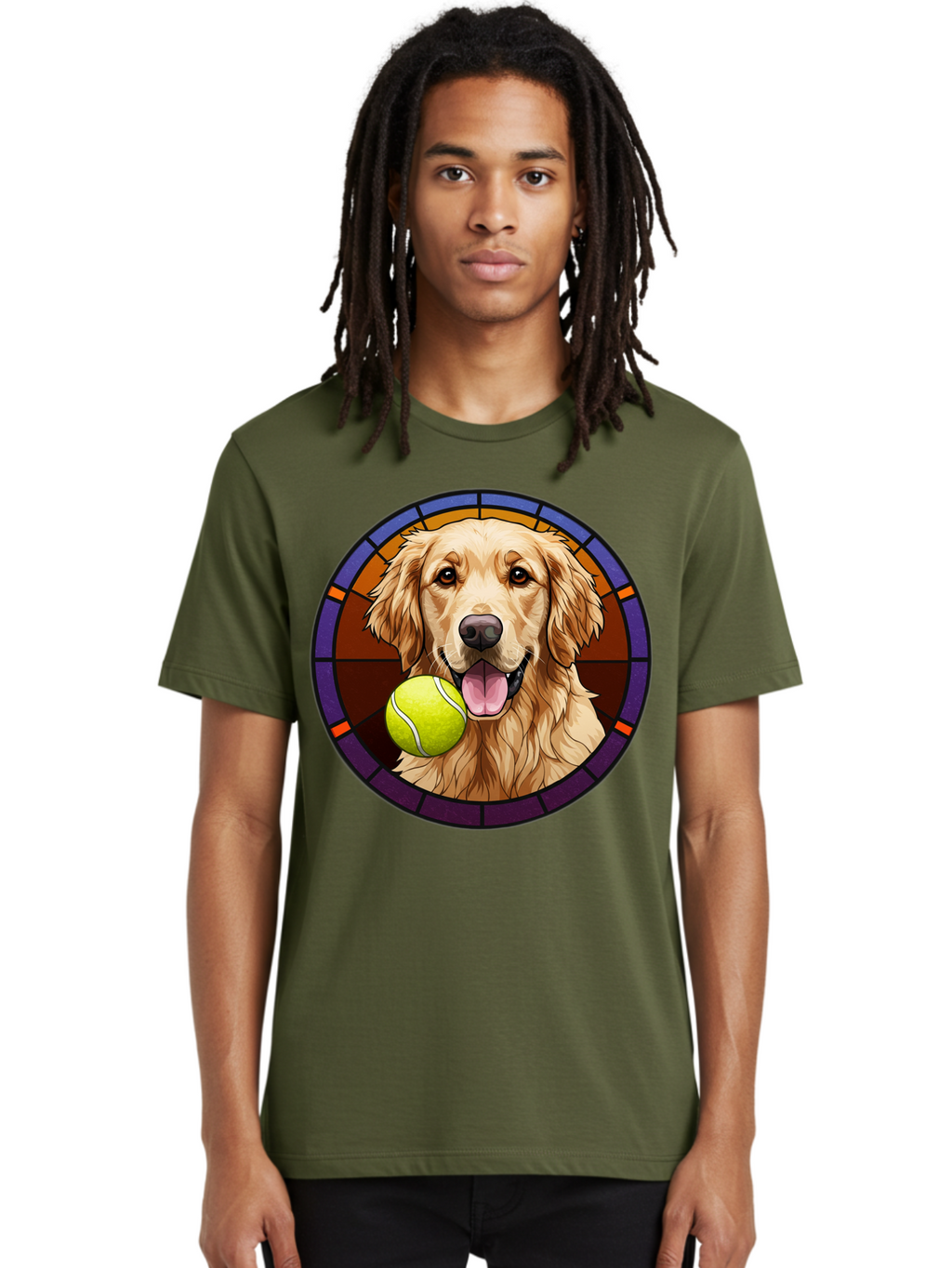 Golden-Retriever-Tennis-Ball-1 Men'S Graphic Tee, 100% Cotton, Comfortable Casual Summer Wear, Machine Washable, Golden Retriever, Tennis Ball, Stained Glass Art, Playful Dog, Fetching Fun, Happy Pet, Dog Lover, Cute Canine Bab997