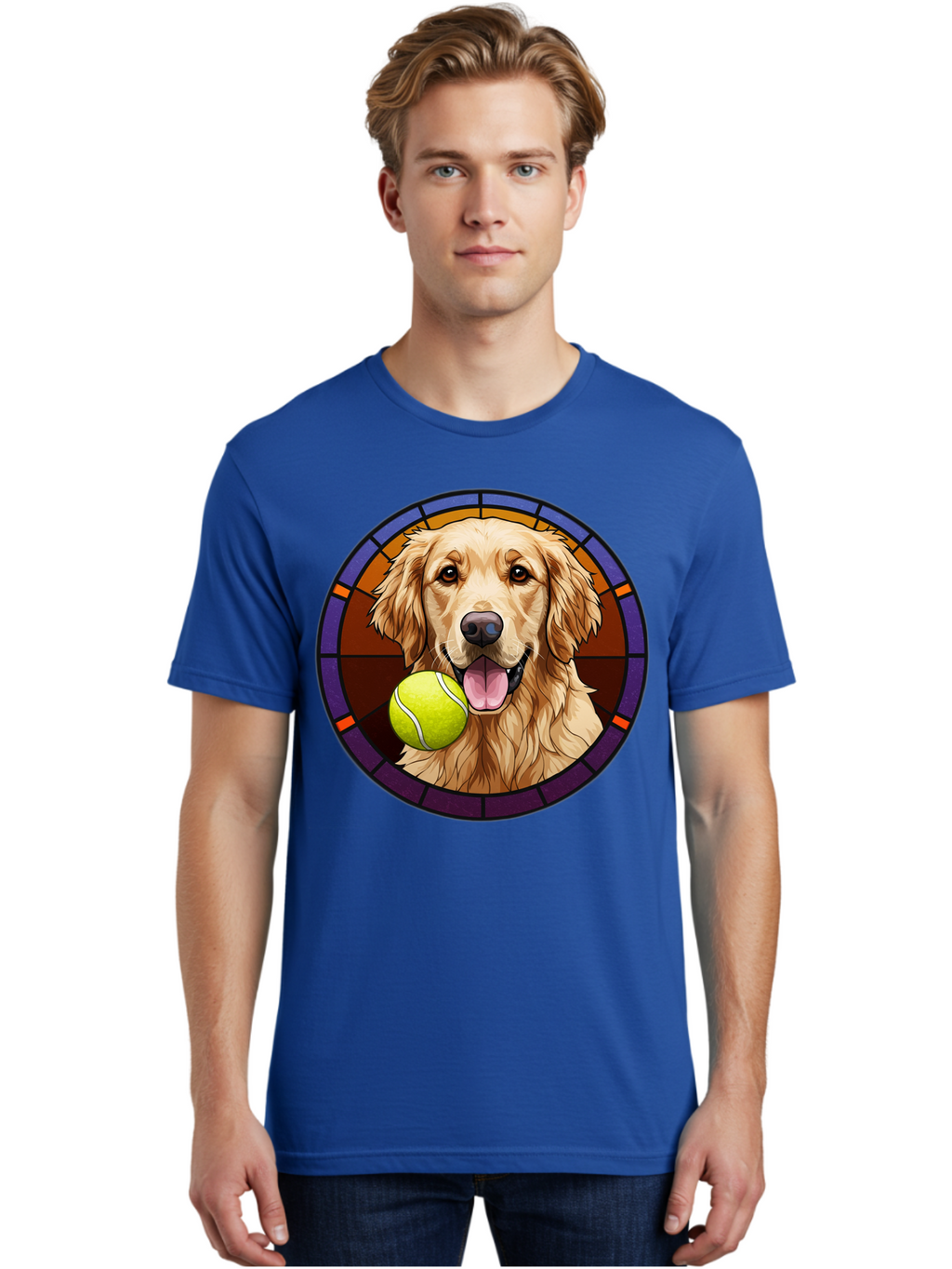 Golden-Retriever-Tennis-Ball-1 Men'S Graphic Tee, 100% Cotton, Comfortable Casual Summer Wear, Machine Washable, Golden Retriever, Tennis Ball, Stained Glass Art, Playful Dog, Fetching Fun, Happy Pet, Dog Lover, Cute Canine Bab997