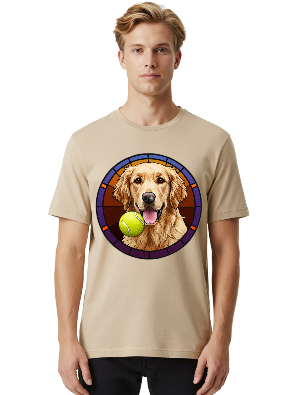Golden-Retriever-Tennis-Ball-1 Men'S Graphic Tee, 100% Cotton, Comfortable Casual Summer Wear, Machine Washable, Golden Retriever, Tennis Ball, Stained Glass Art, Playful Dog, Fetching Fun, Happy Pet, Dog Lover, Cute Canine Bab997