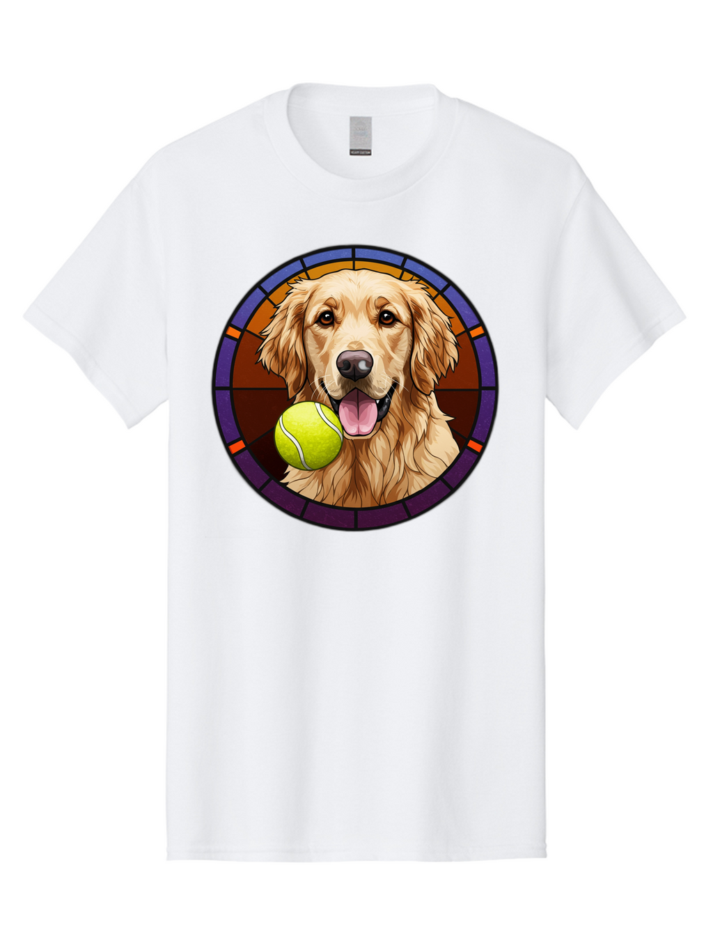Golden-Retriever-Tennis-Ball-1 Men'S Graphic Tee, 100% Cotton, Comfortable Casual Summer Wear, Machine Washable, Golden Retriever, Tennis Ball, Stained Glass Art, Playful Dog, Fetching Fun, Happy Pet, Dog Lover, Cute Canine Bab997
